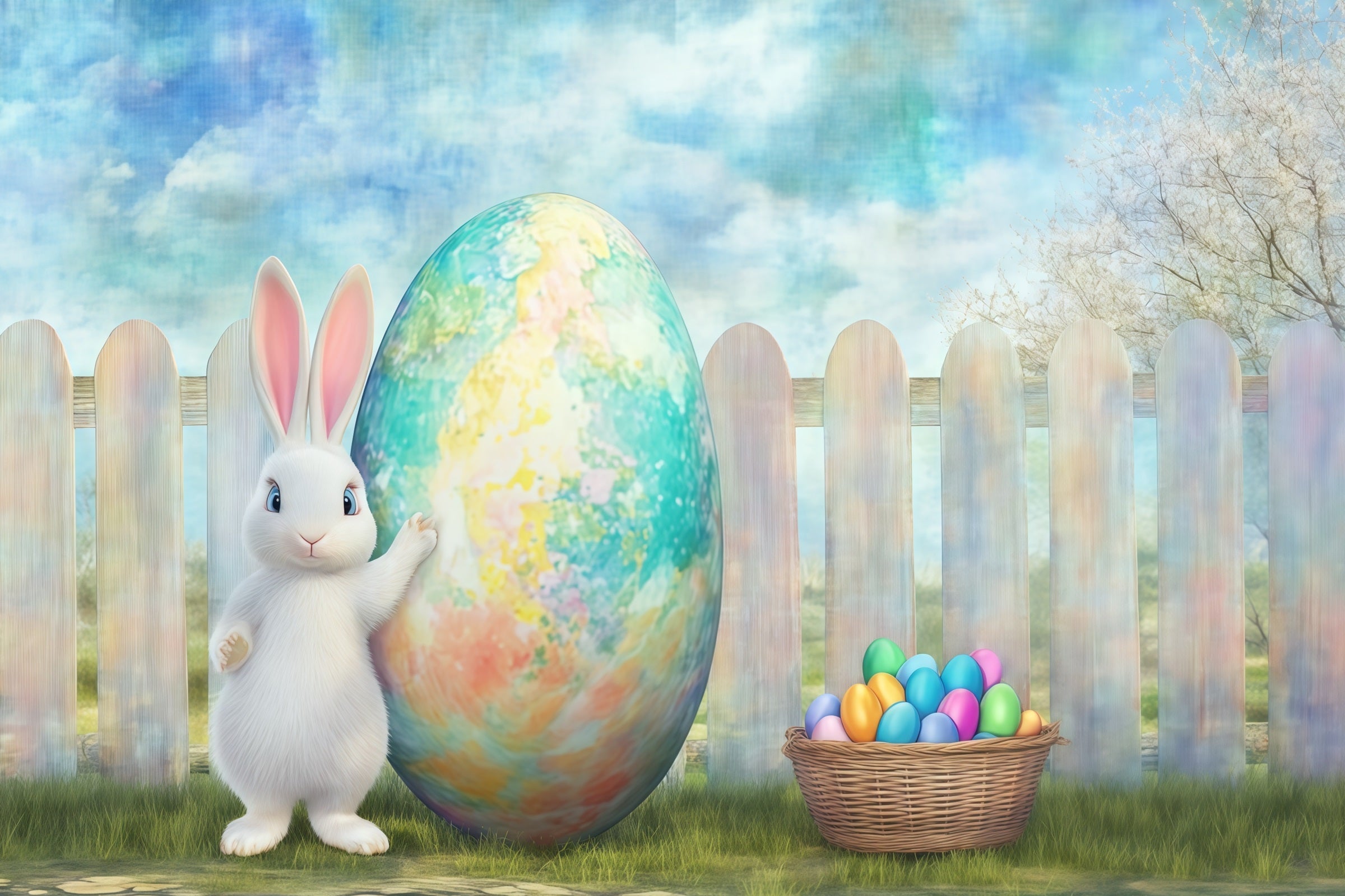 Easter Bunny Backdrop Giant Painted Egg Rustic Garden Backdrop Easter UK CSH61-27