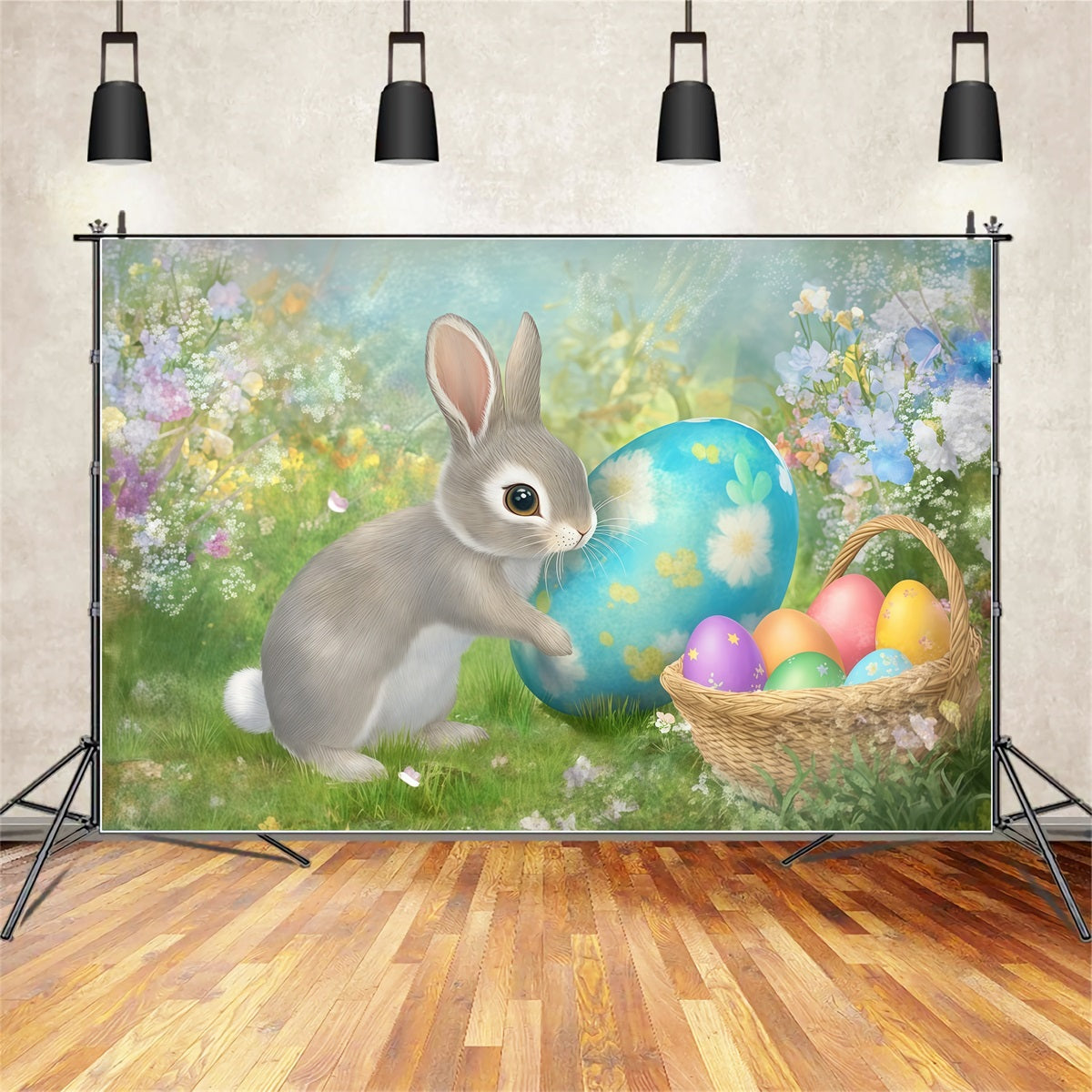Easter Bunny Backdrop Painted Egg Basket Spring Flowers Backdrop Easter UK CSH61-28