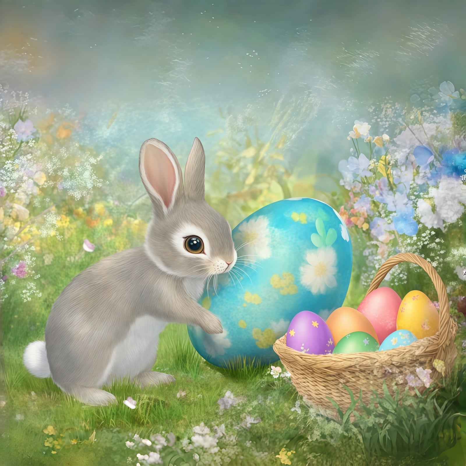 Easter Bunny Backdrop Painted Egg Basket Spring Flowers Backdrop Easter UK CSH61-28