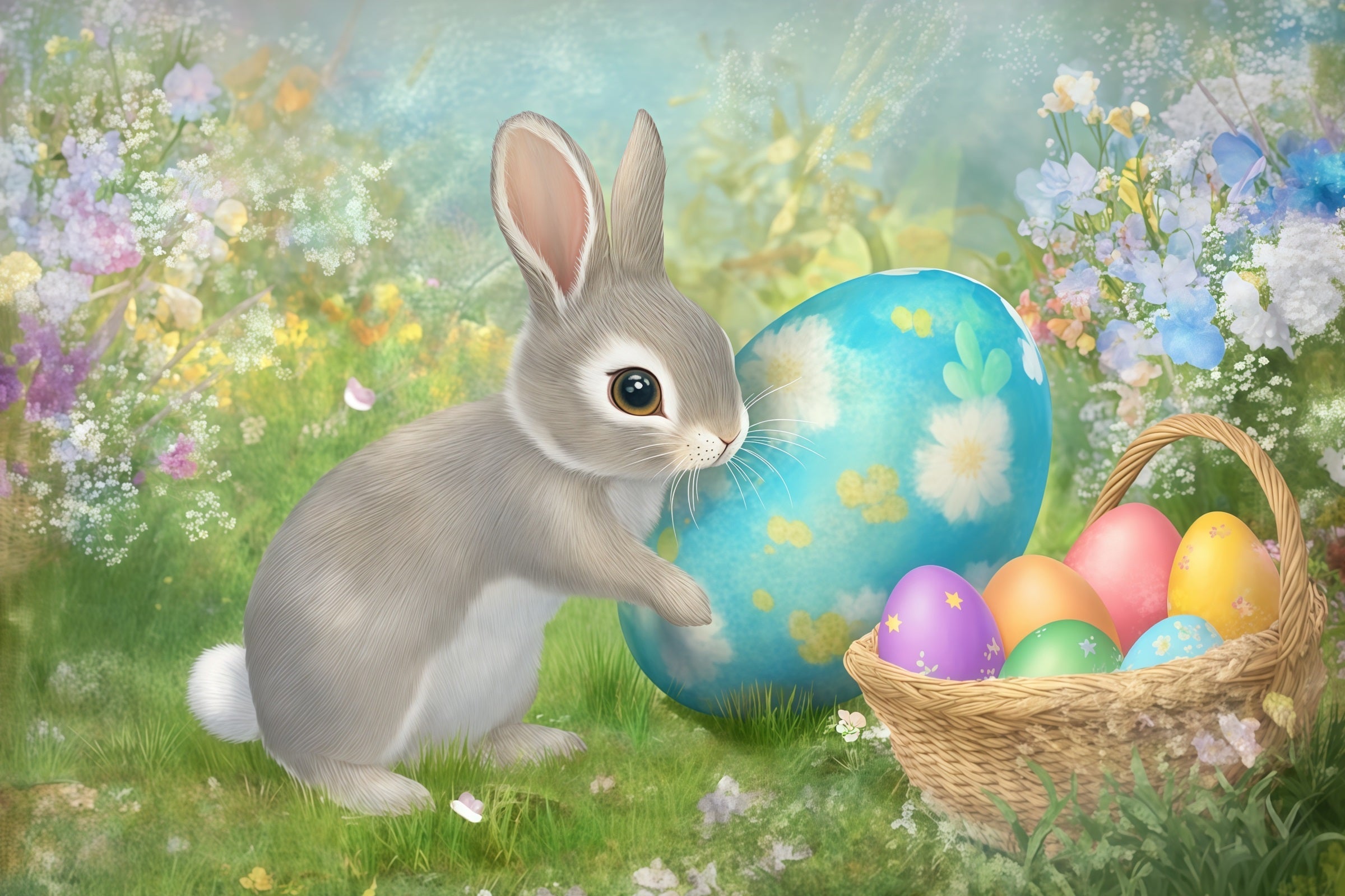 Easter Bunny Backdrop Painted Egg Basket Spring Flowers Backdrop Easter UK CSH61-28