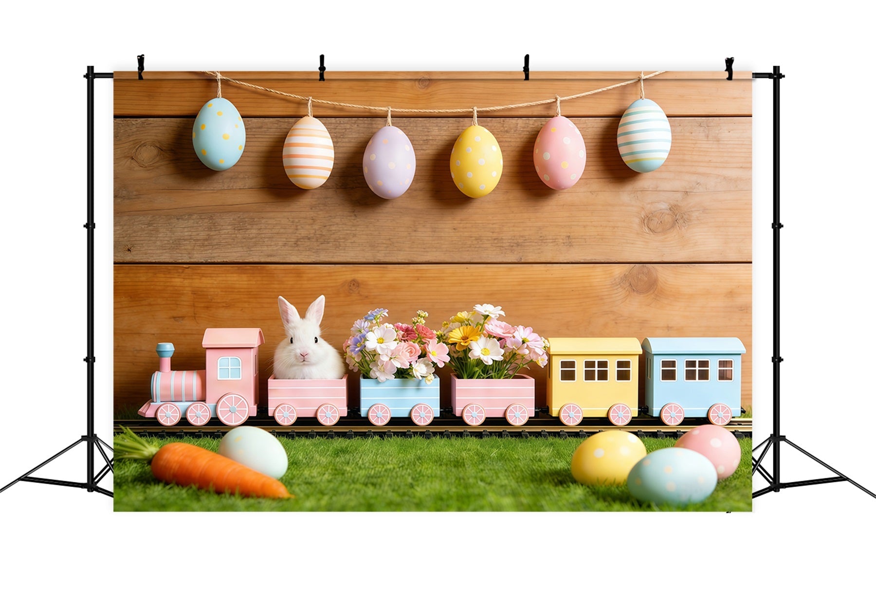 Easter Bunny Backdrop Pastel Egg Garland Wood Wall Easter Backdrop For Pictures UK CSH61-30