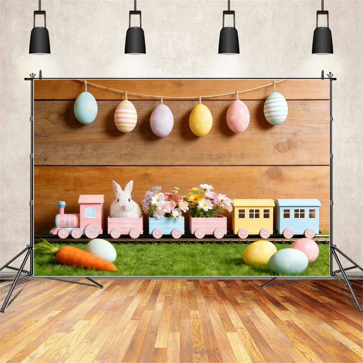 Easter Bunny Backdrop Pastel Egg Garland Wood Wall Easter Backdrop For Pictures UK CSH61-30