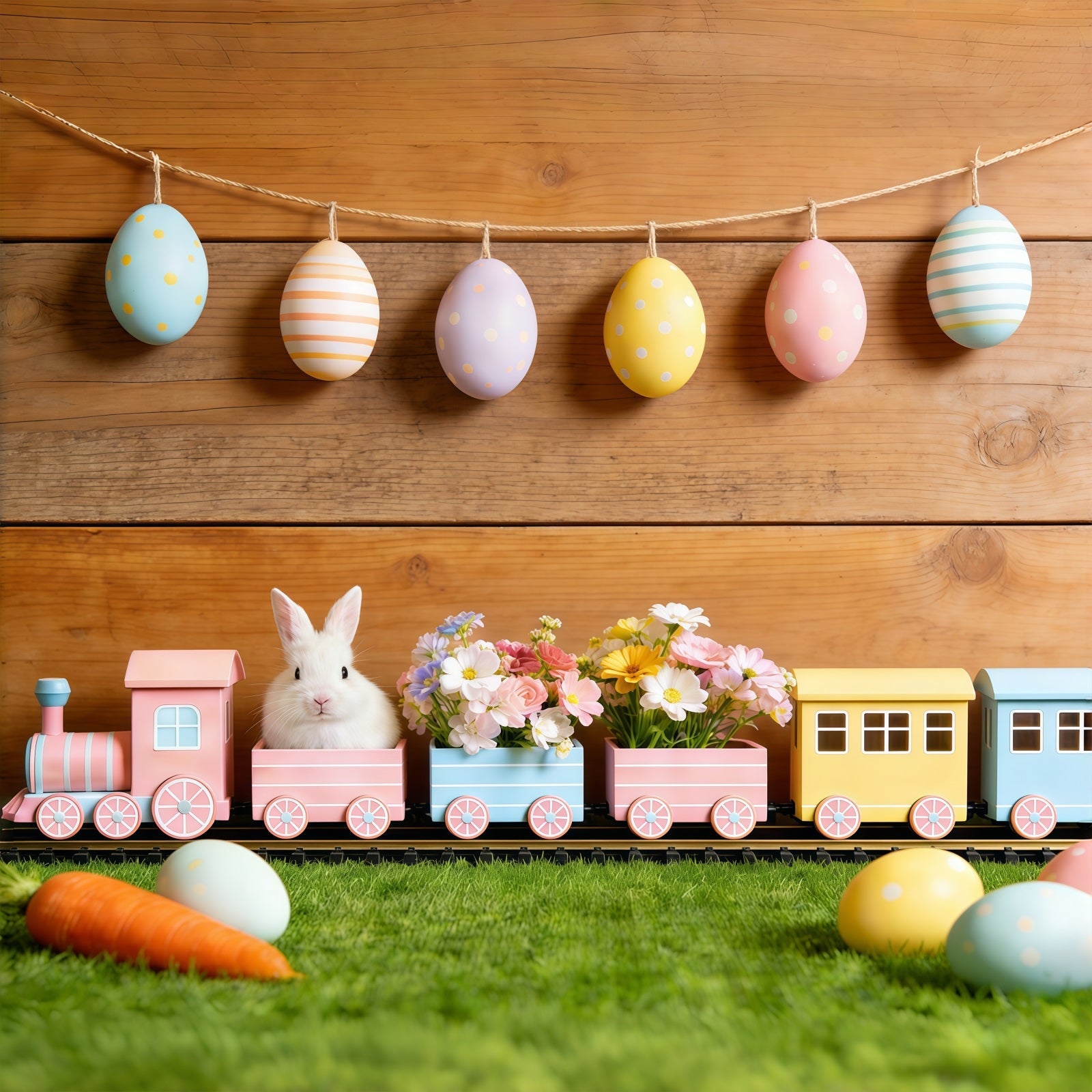 Easter Bunny Backdrop Pastel Egg Garland Wood Wall Easter Backdrop For Pictures UK CSH61-30