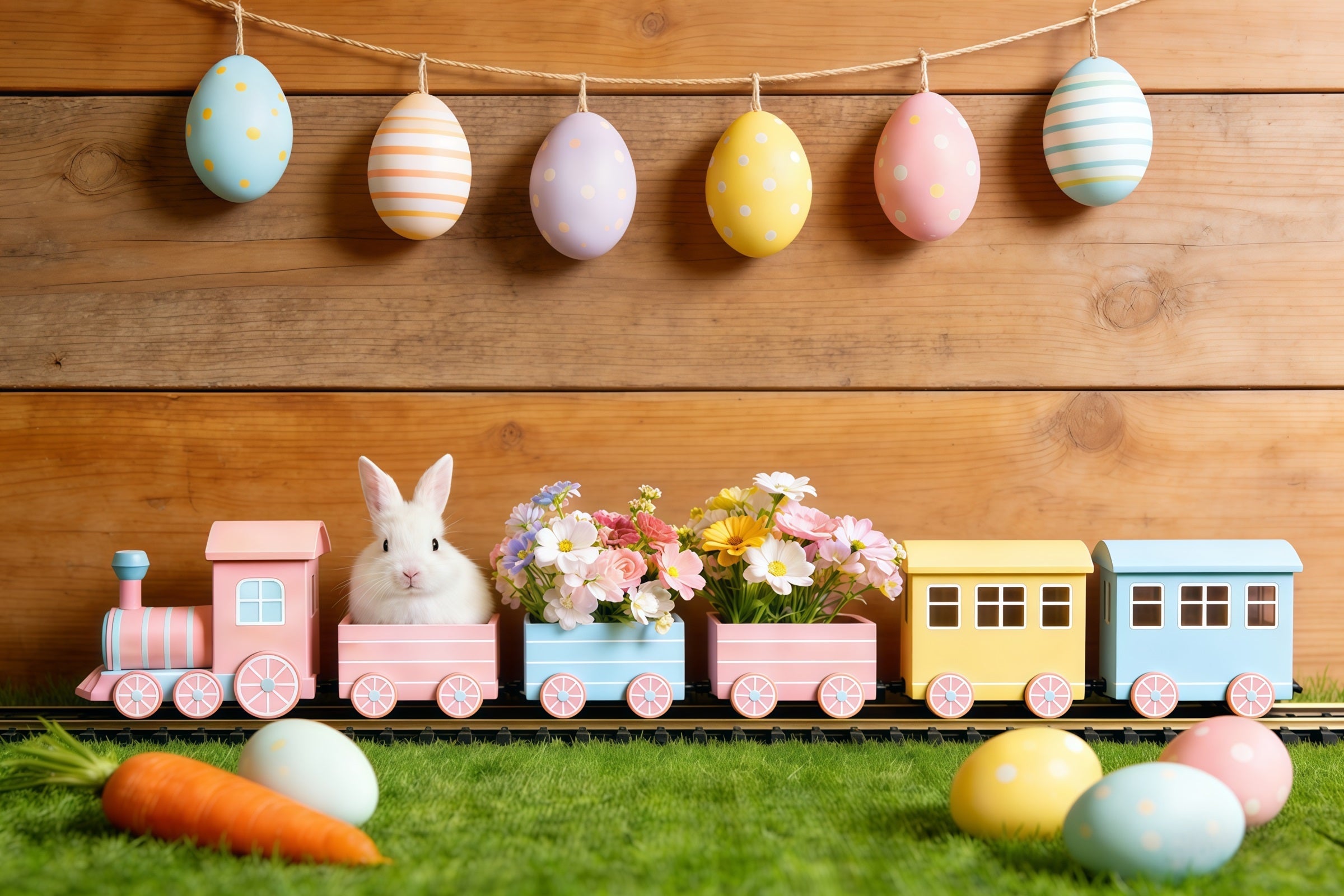 Easter Bunny Backdrop Pastel Egg Garland Wood Wall Easter Backdrop For Pictures UK CSH61-30