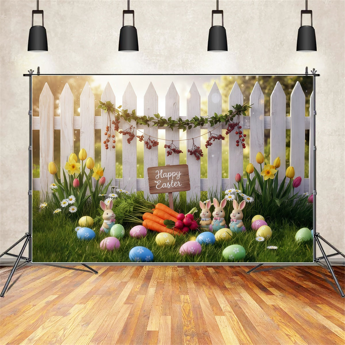 Easter Bunny Photo Backdrop Spring Garden Fence Carrots Easter Photo Backdrop Ideas UK CSH61-35