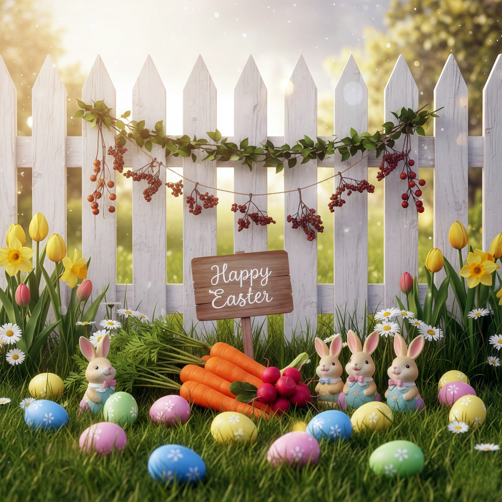 Easter Bunny Photo Backdrop Spring Garden Fence Carrots Easter Photo Backdrop Ideas UK CSH61-35