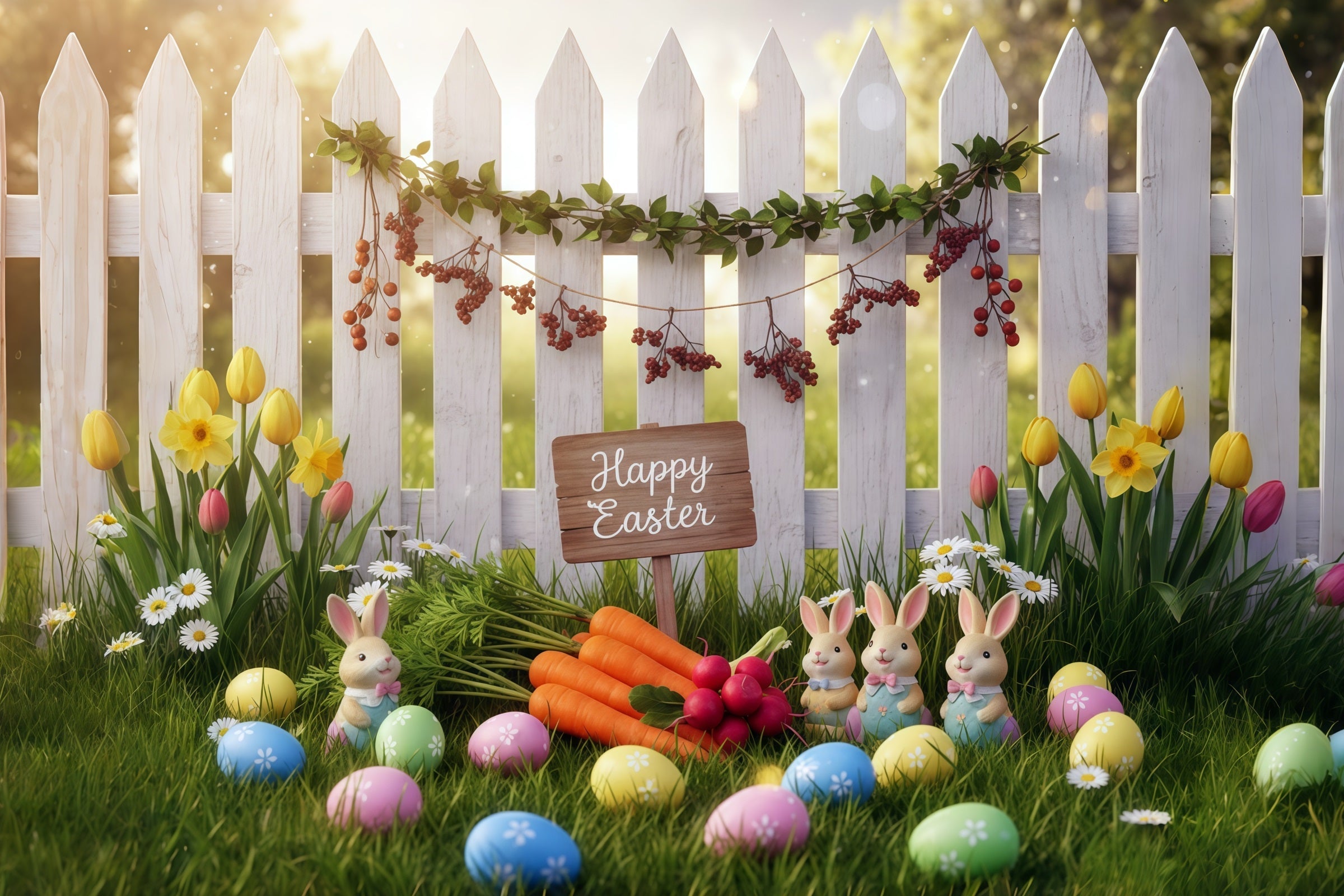 Easter Bunny Photo Backdrop Spring Garden Fence Carrots Easter Photo Backdrop Ideas UK CSH61-35