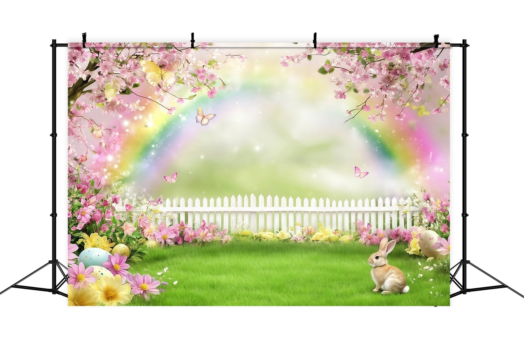 Easter Bunny Photo Backdrop Rainbow Blossom Meadow flowers Easter Backdrop Photography UK CSH61-36