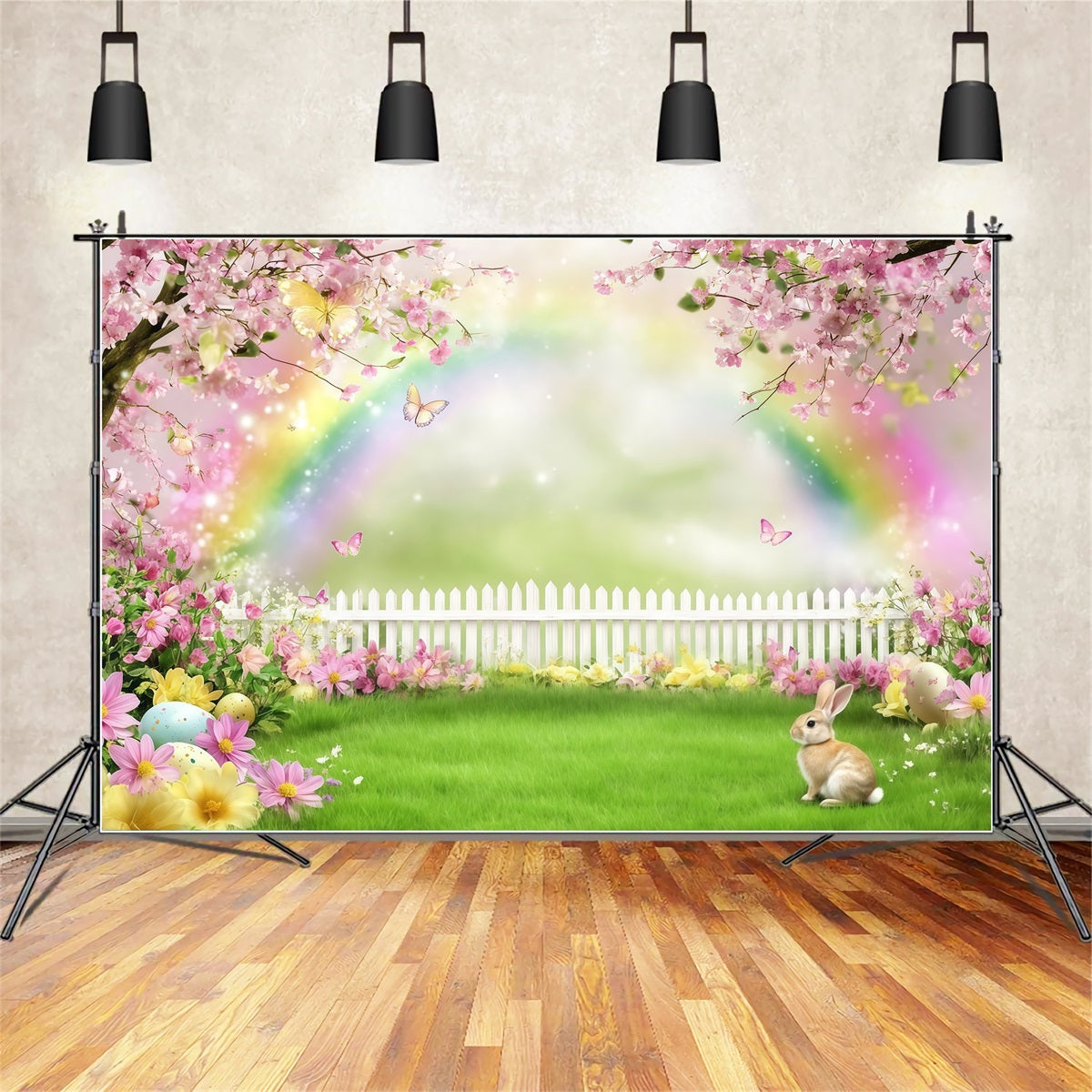 Easter Bunny Photo Backdrop Rainbow Blossom Meadow flowers Easter Backdrop Photography UK CSH61-36
