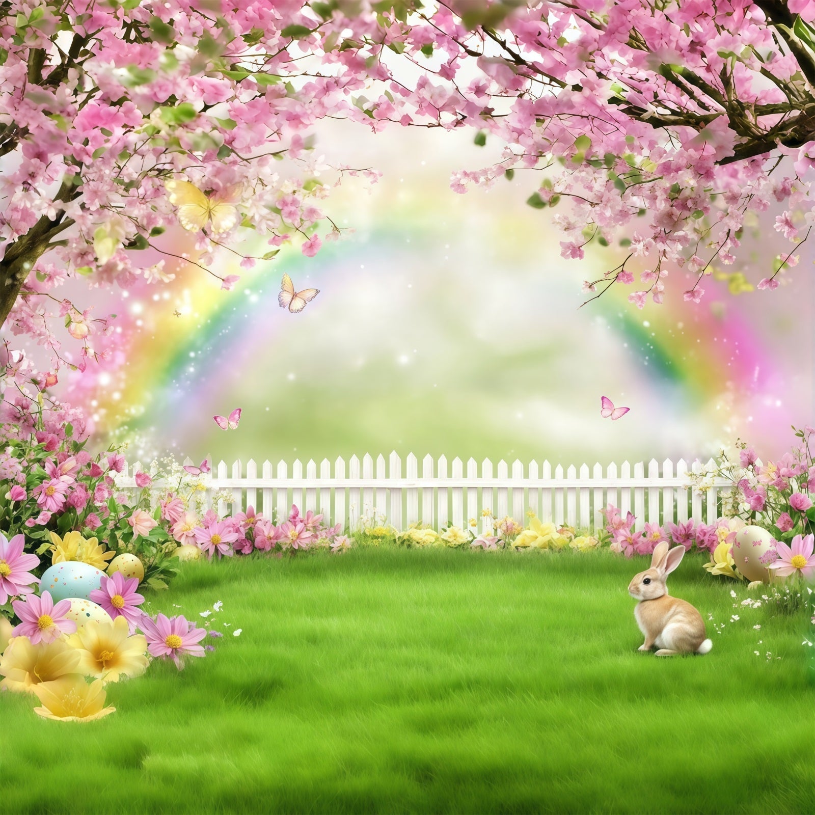 Easter Bunny Photo Backdrop Rainbow Blossom Meadow flowers Easter Backdrop Photography UK CSH61-36