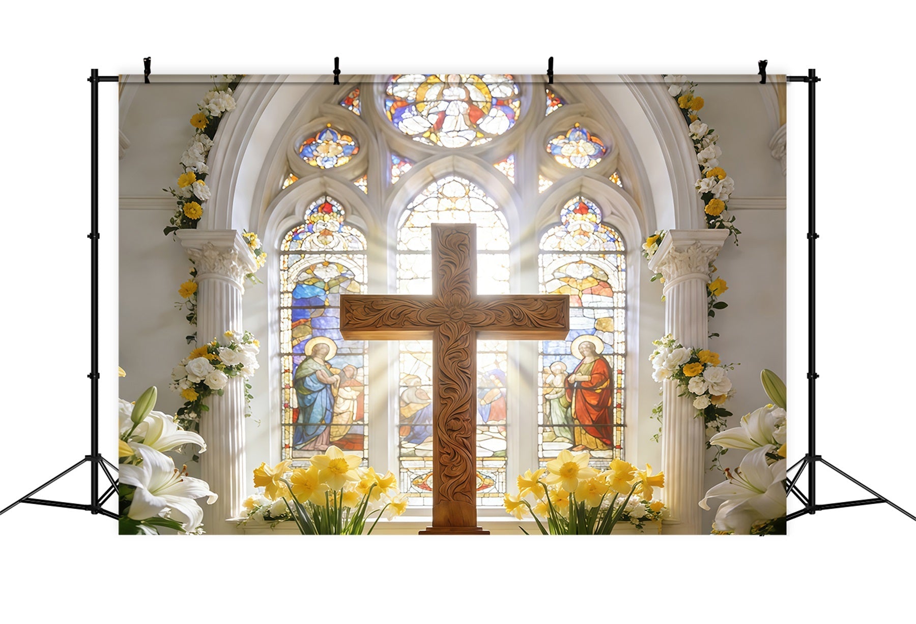 Cross Backdrops Sacred Cathedral Cross Stained Glass Easter Backdrop UK CSH61-40