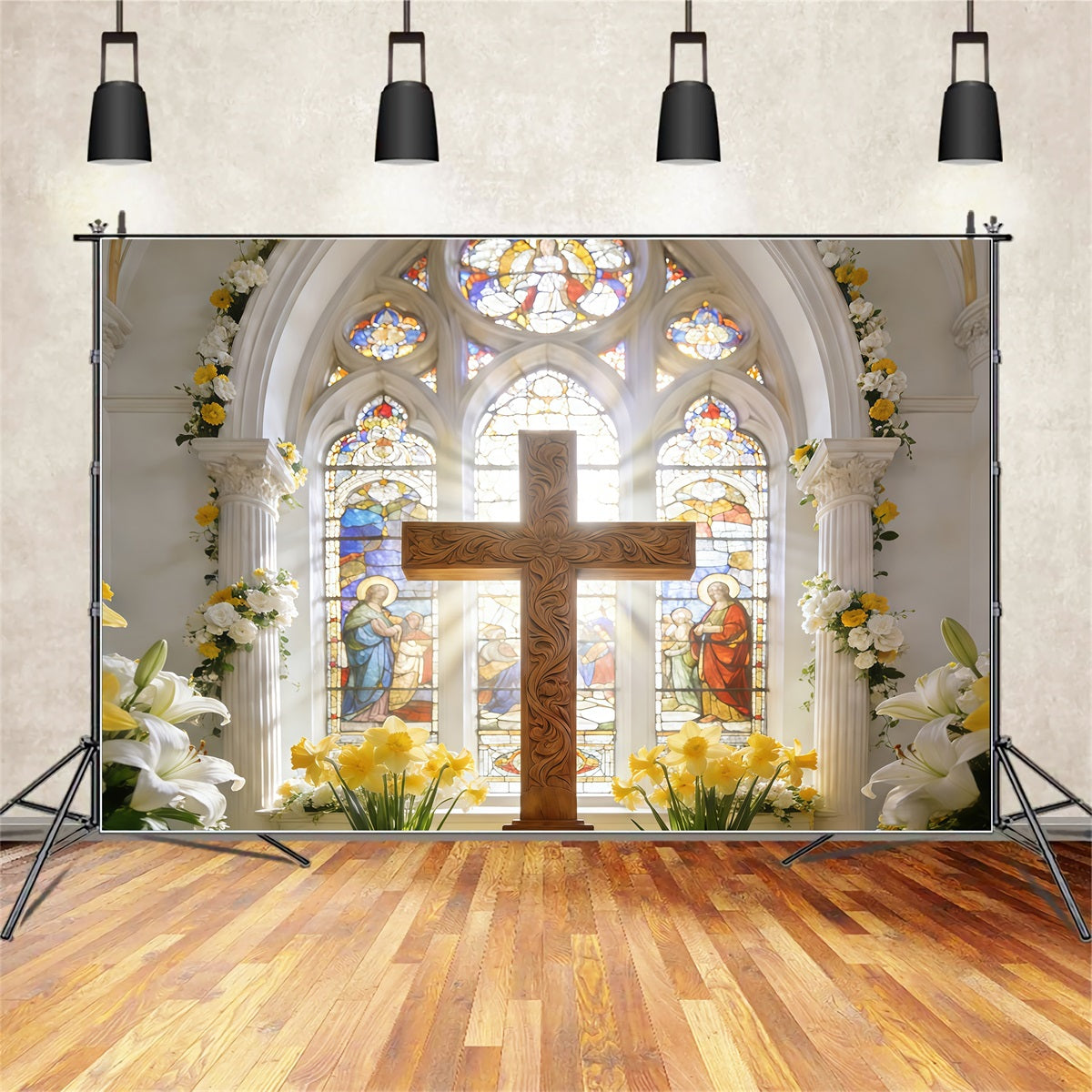 Cross Backdrops Sacred Cathedral Cross Stained Glass Easter Backdrop UK CSH61-40