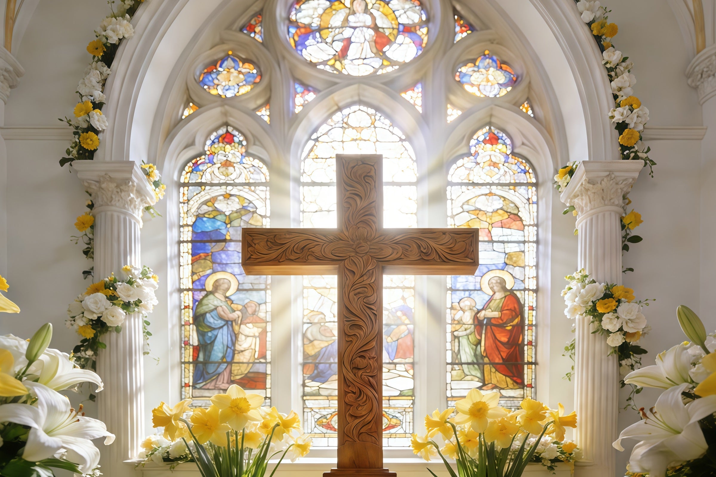 Cross Backdrops Sacred Cathedral Cross Stained Glass Easter Backdrop UK CSH61-40