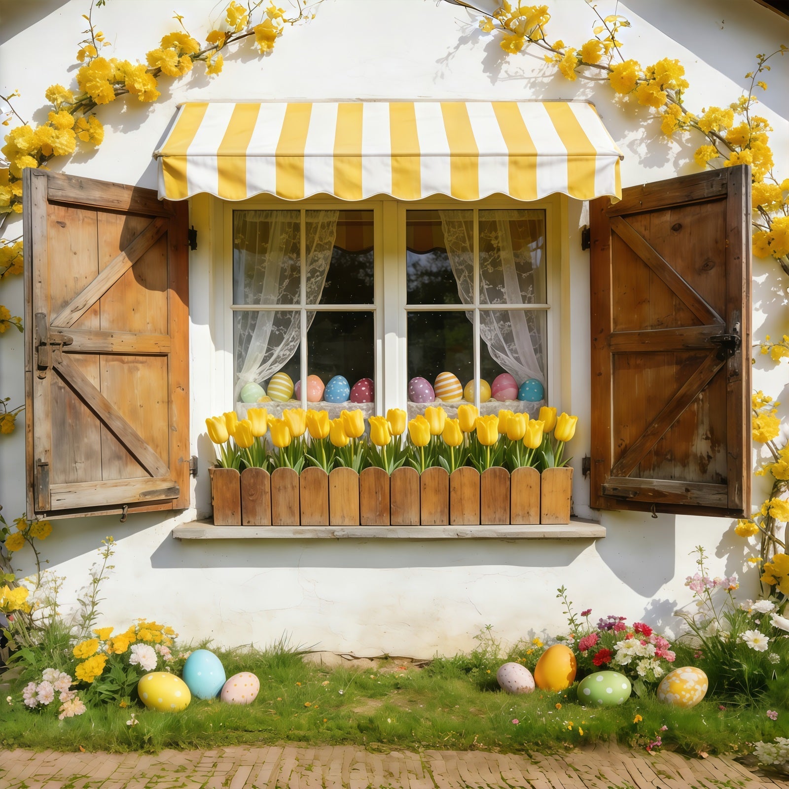 Tulip Backdrop Yellow Awning Cottage Window Easter Picture Backdrops UK CSH61-41