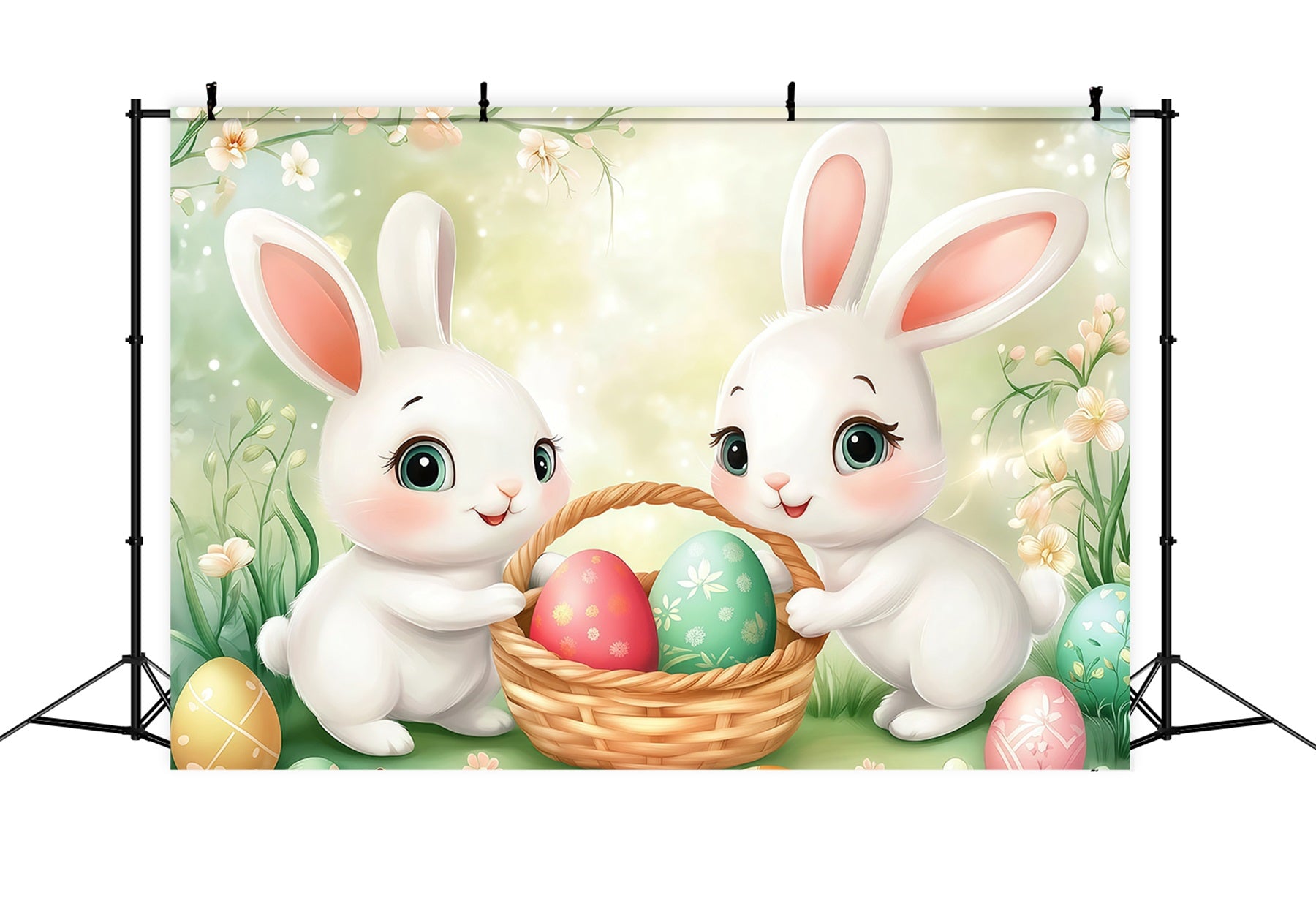 Easter Egg Hunt Backdrop Cartoon Bunny Basket Meadow Easter Picture Backdrops UK CSH61-50