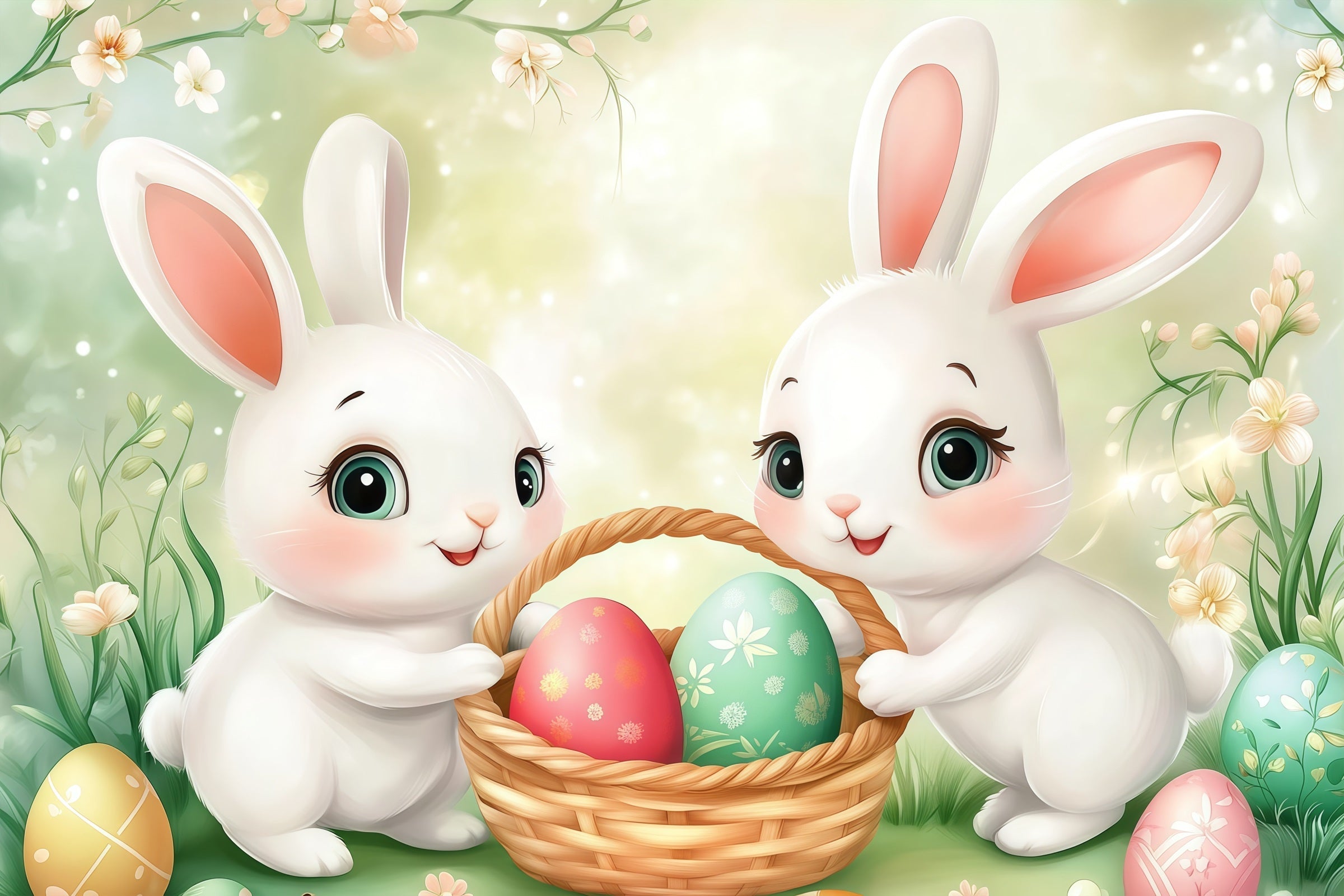 Easter Egg Hunt Backdrop Cartoon Bunny Basket Meadow Easter Picture Backdrops UK CSH61-50