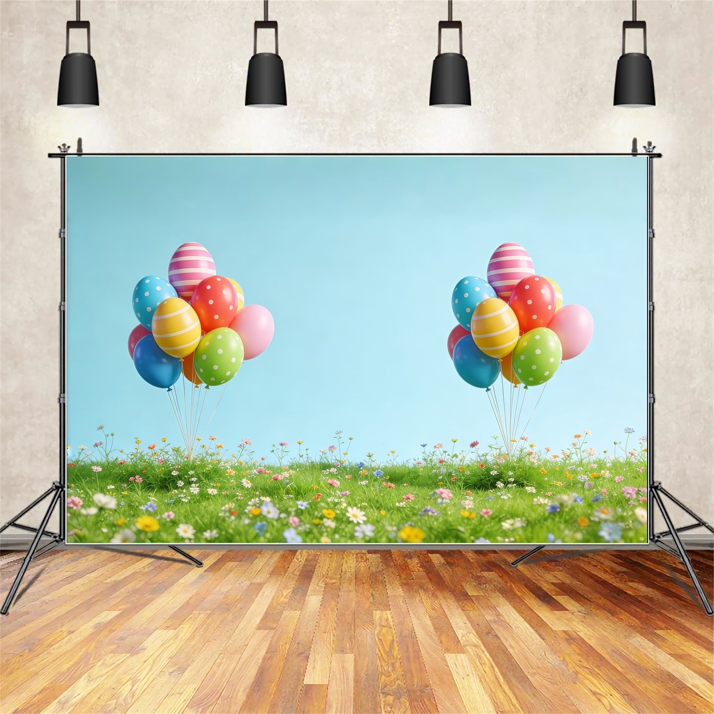 Easter Egg Hunt Backdrop Spring Balloon Meadow Wildflower Easter Photo Backdrops UK CSH61-52