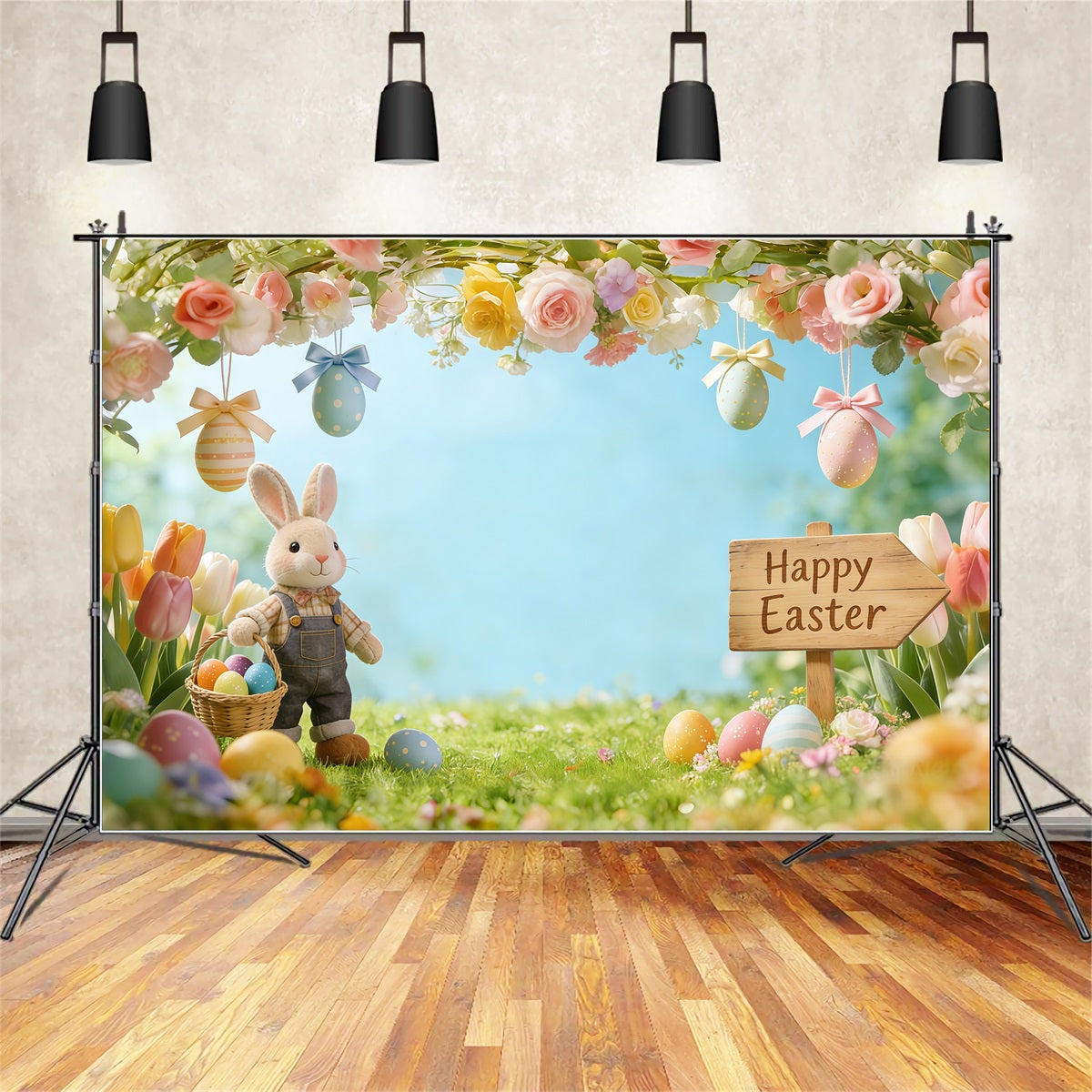 Easter Bunny Backdrop For Photos Flowering Branches Meadow Eggs Easter Photo Backdrop UK CSH61-53