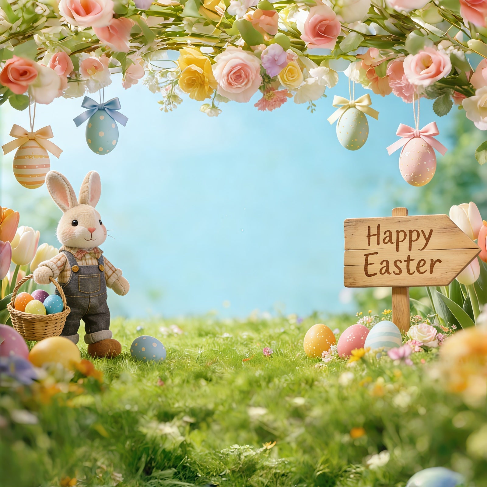 Easter Bunny Backdrop For Photos Flowering Branches Meadow Eggs Easter Photo Backdrop UK CSH61-53