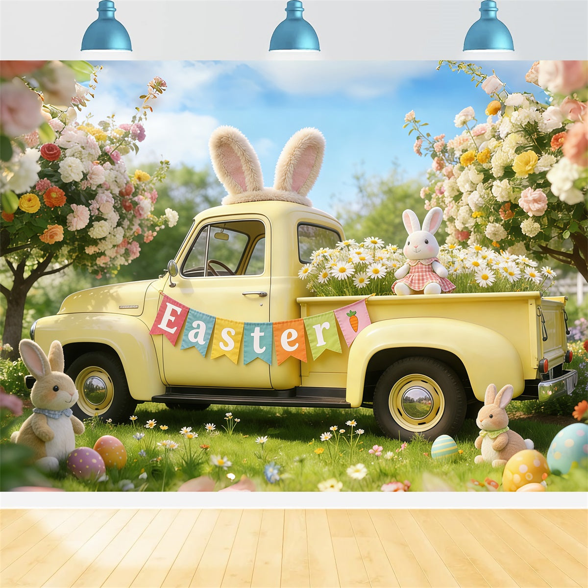 Easter Bunny Backdrop For Photos Spring Blossoms Pickup Truck Easter Backdrops For Photography UK CSH61-54