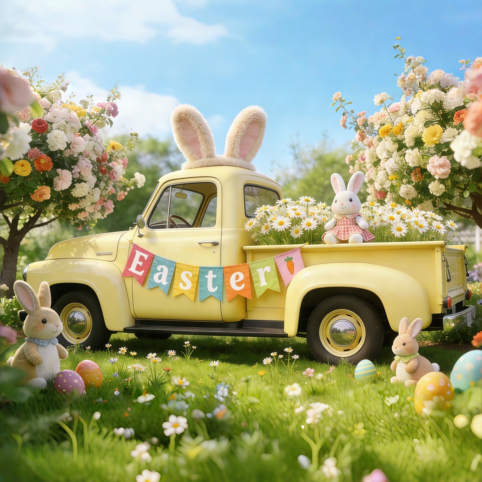 Easter Bunny Backdrop For Photos Spring Blossoms Pickup Truck Easter Backdrops For Photography UK CSH61-54