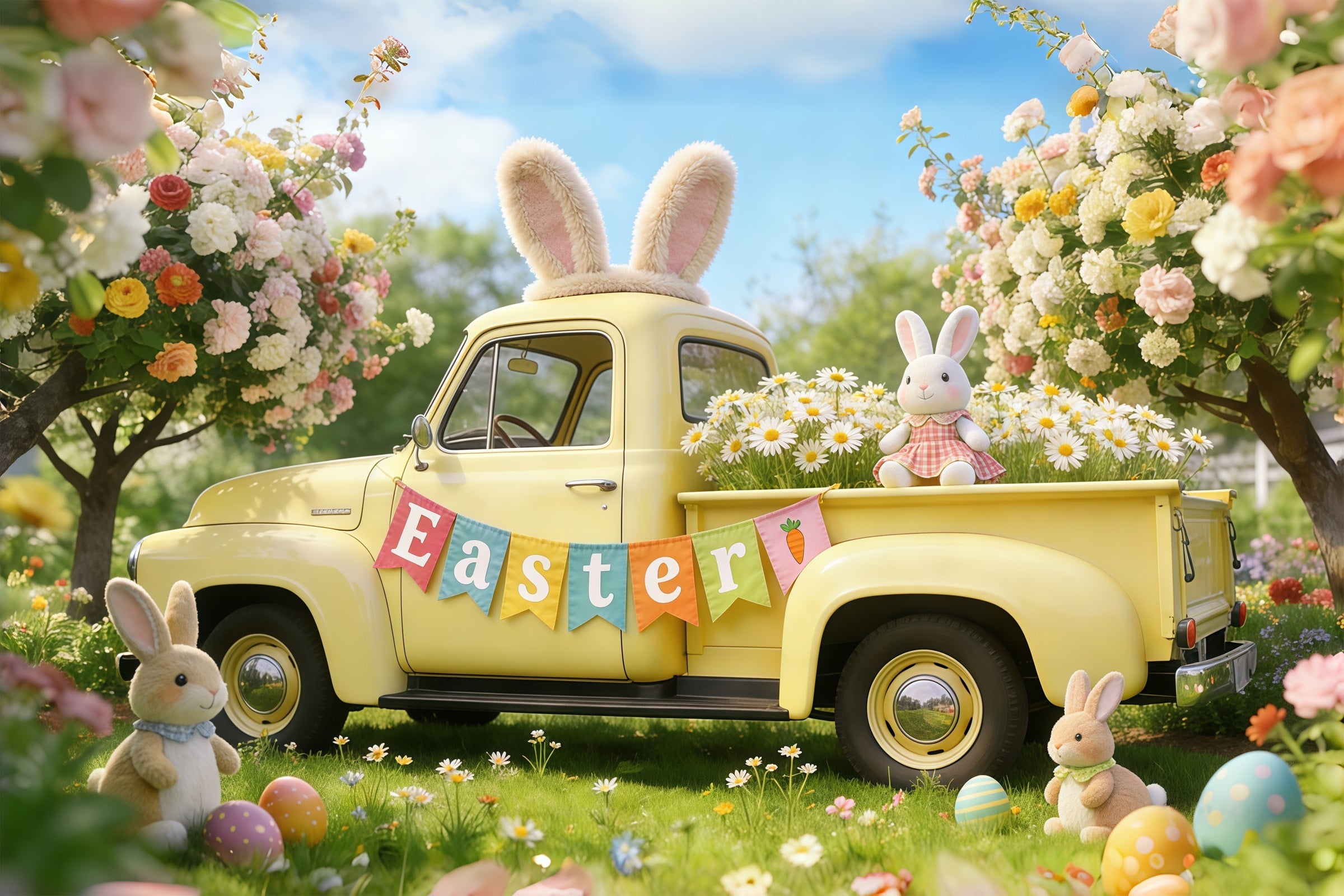 Easter Bunny Backdrop For Photos Spring Blossoms Pickup Truck Easter Backdrops For Photography UK CSH61-54