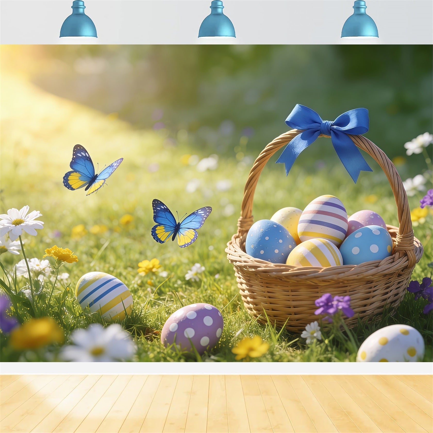 Easter Basket Backdrop Butterfly Egg Meadow Sunlight Easter Backdrops For Photography UK CSH61-59