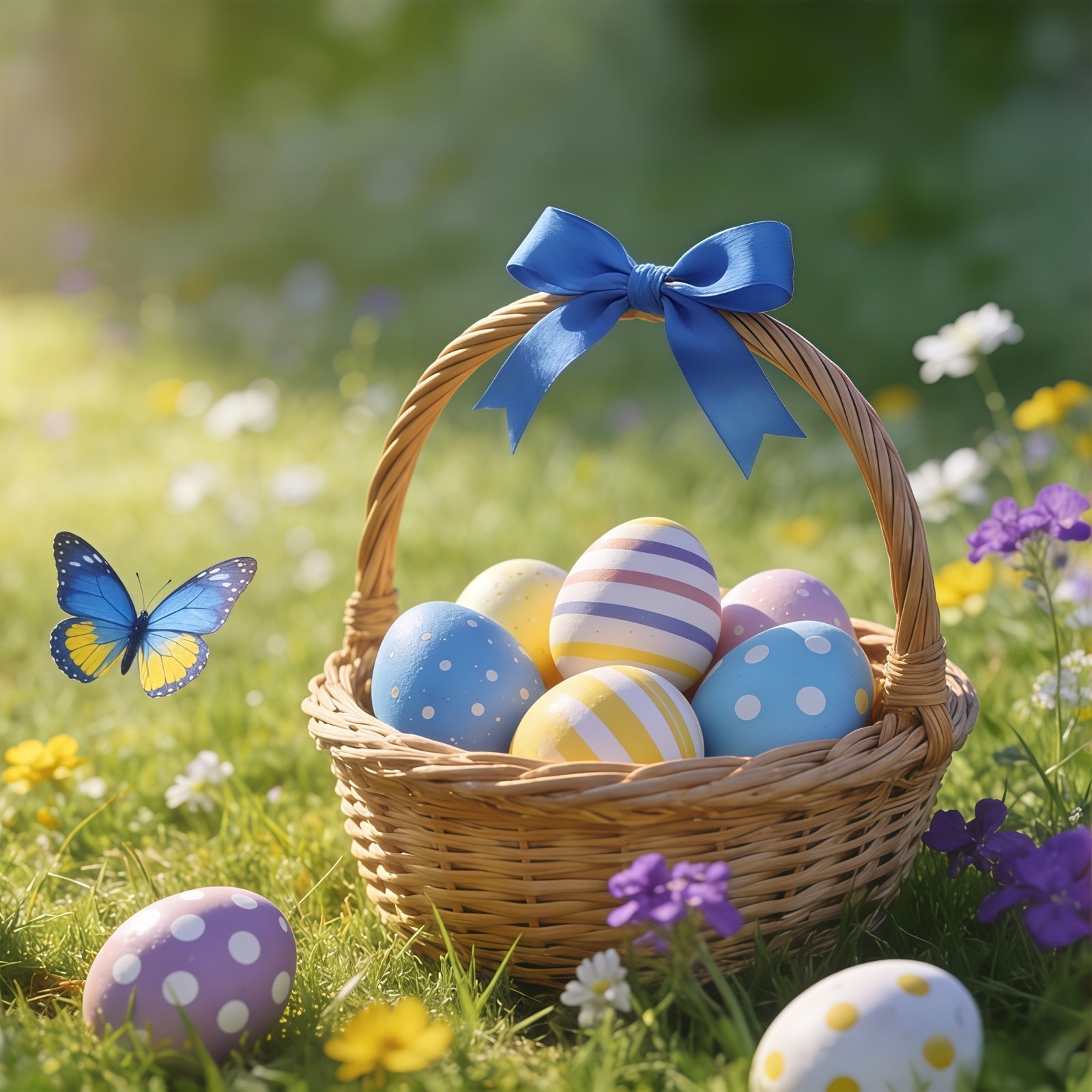Easter Basket Backdrop Butterfly Egg Meadow Sunlight Easter Backdrops For Photography UK CSH61-59