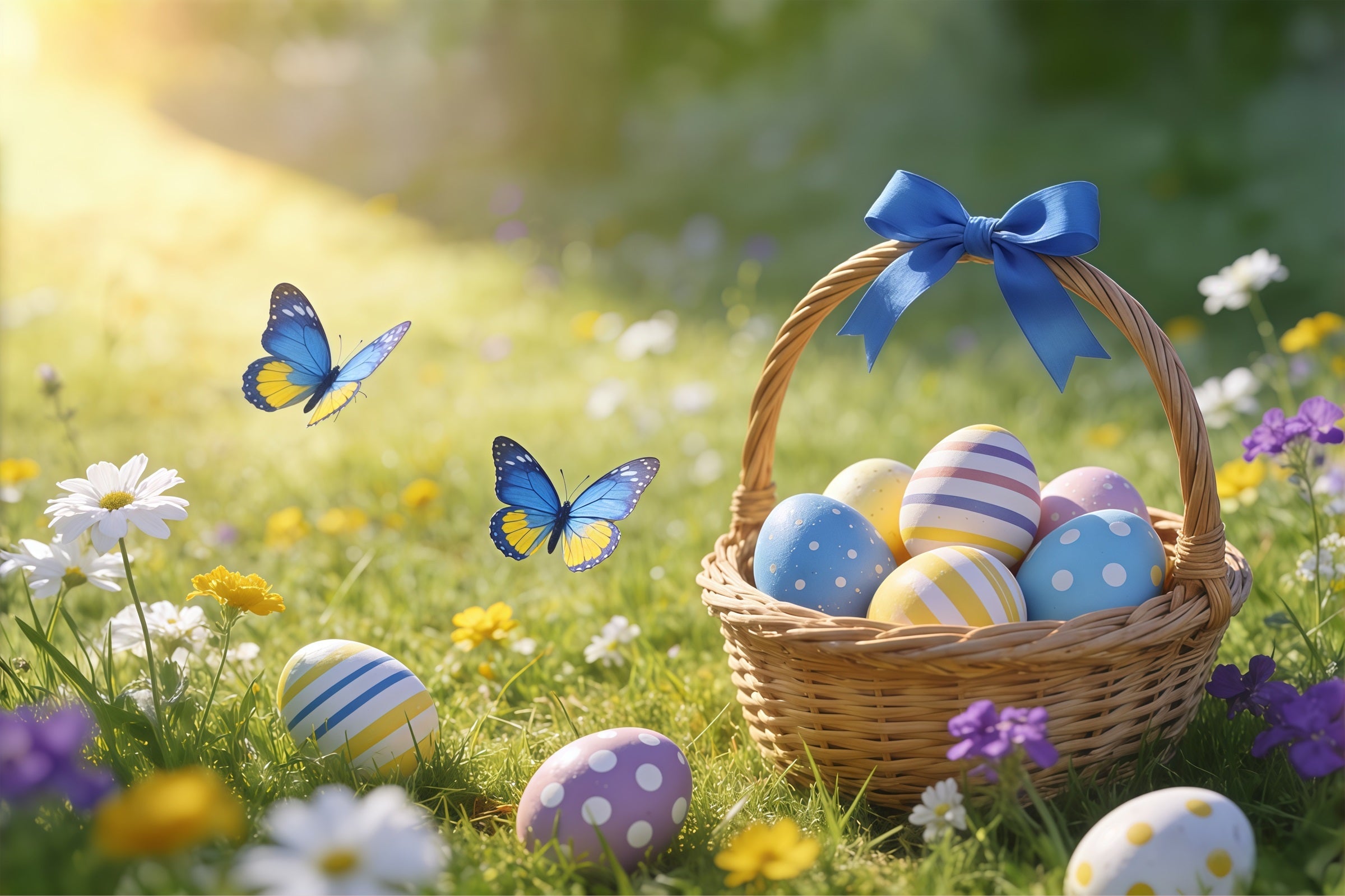 Easter Basket Backdrop Butterfly Egg Meadow Sunlight Easter Backdrops For Photography UK CSH61-59