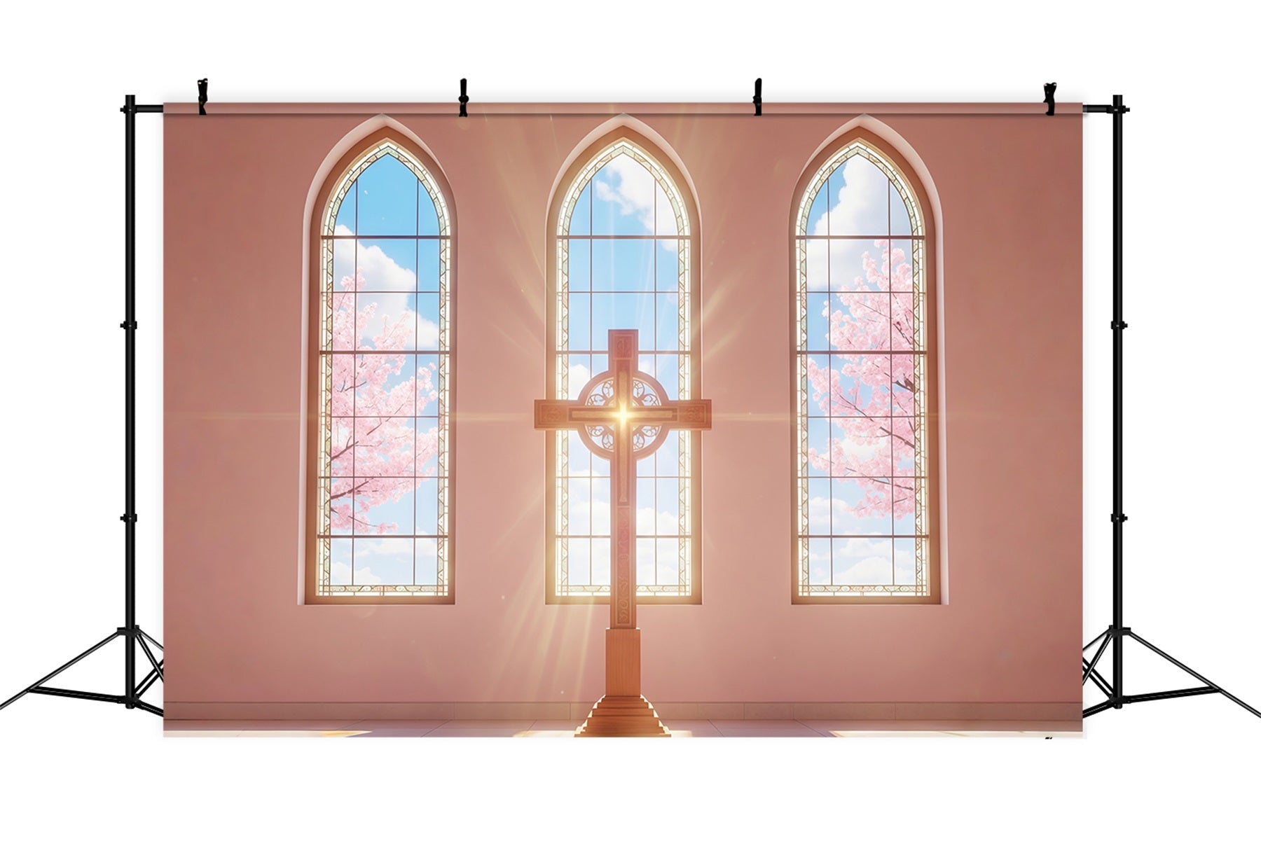 Easter Photo Backdrop For Church Sunlit Church Windows Cross Happy Easter Backdrop UK CSH61-6