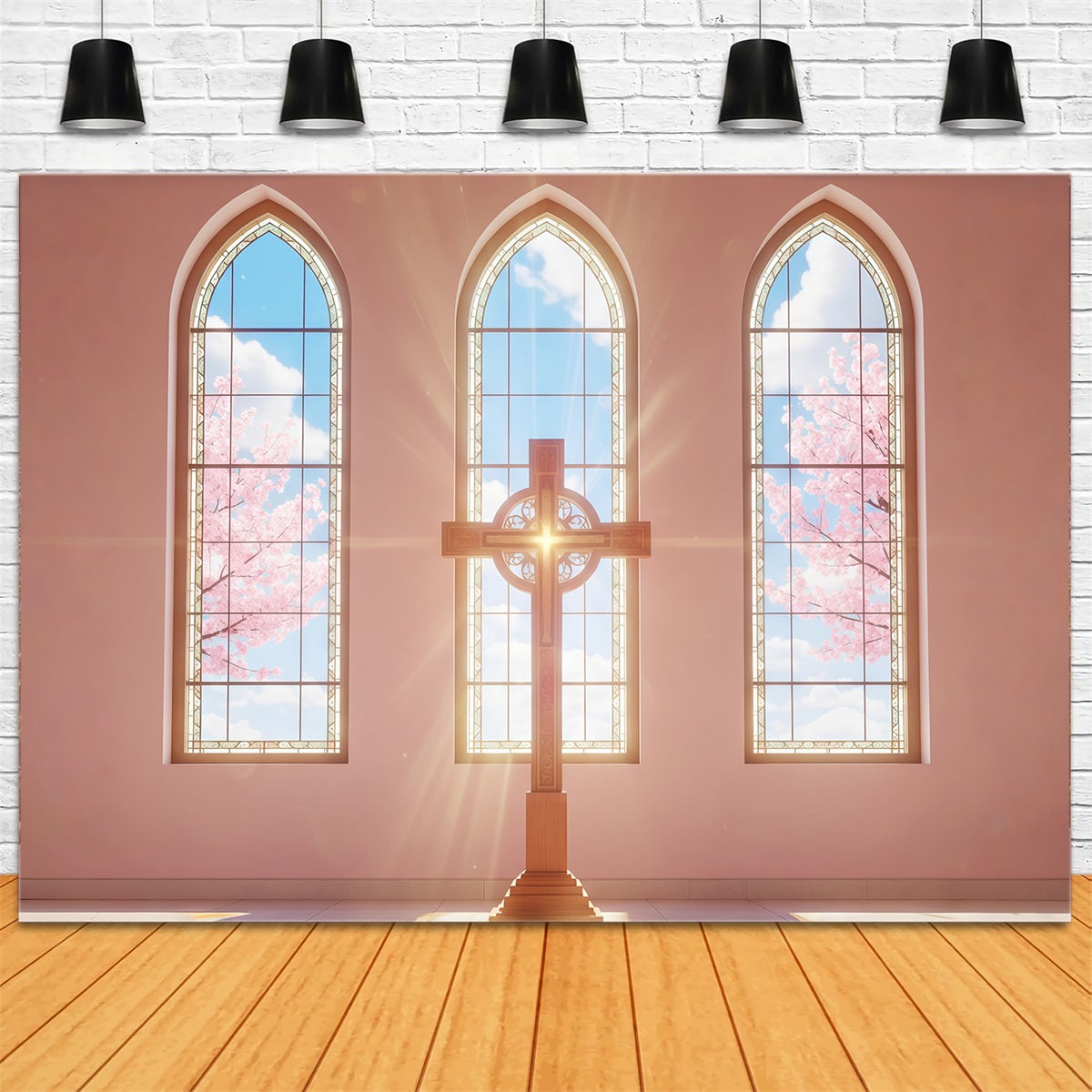 Easter Photo Backdrop For Church Sunlit Church Windows Cross Happy Easter Backdrop UK CSH61-6