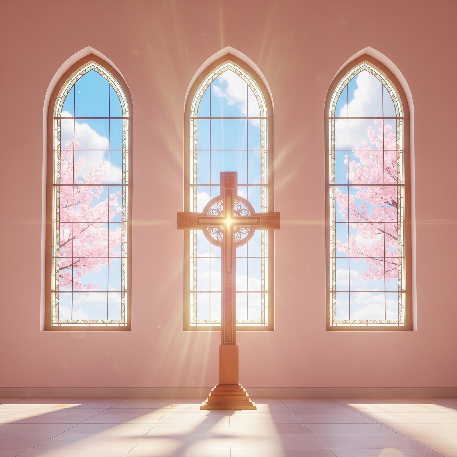 Easter Photo Backdrop For Church Sunlit Church Windows Cross Happy Easter Backdrop UK CSH61-6