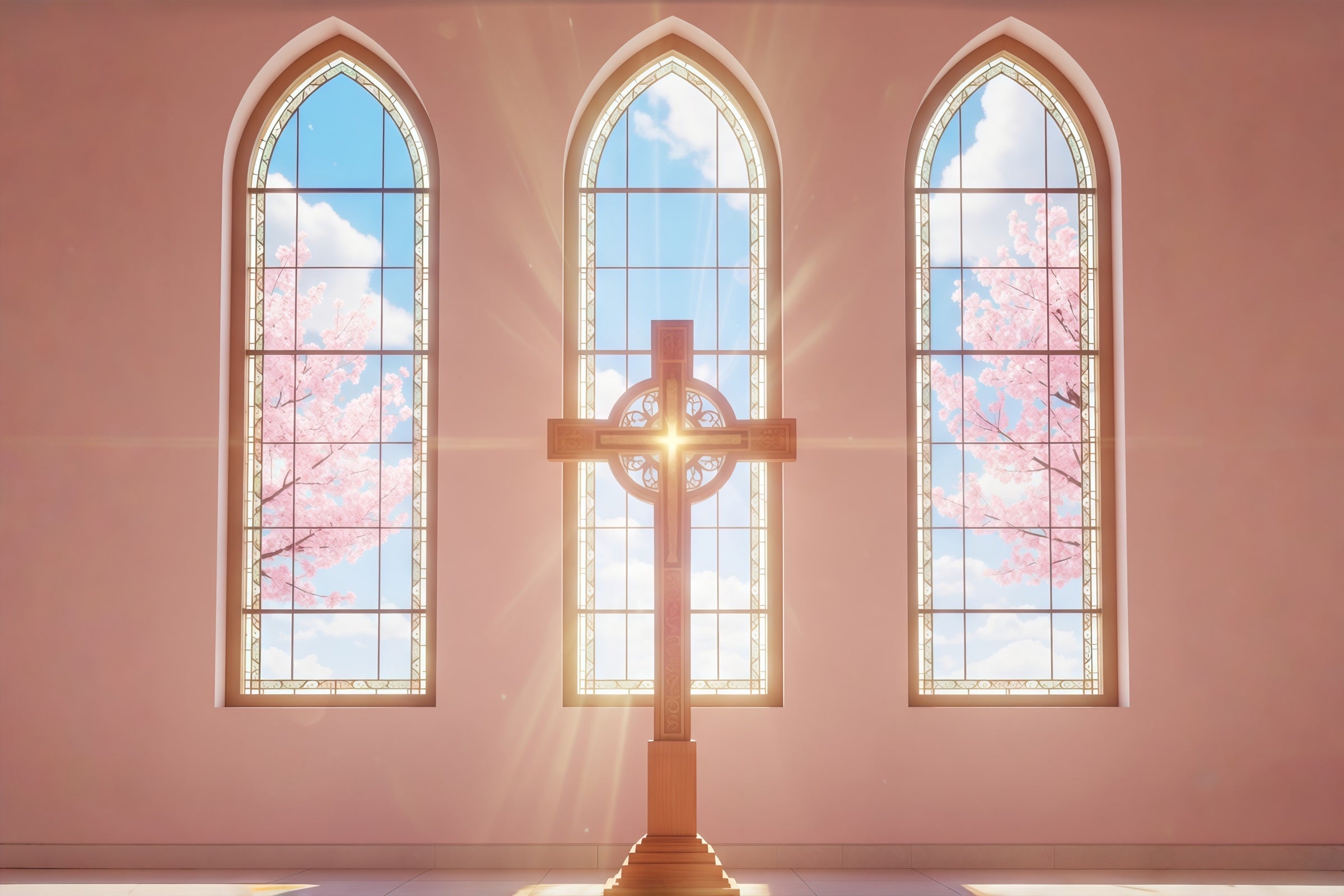 Easter Photo Backdrop For Church Sunlit Church Windows Cross Happy Easter Backdrop UK CSH61-6