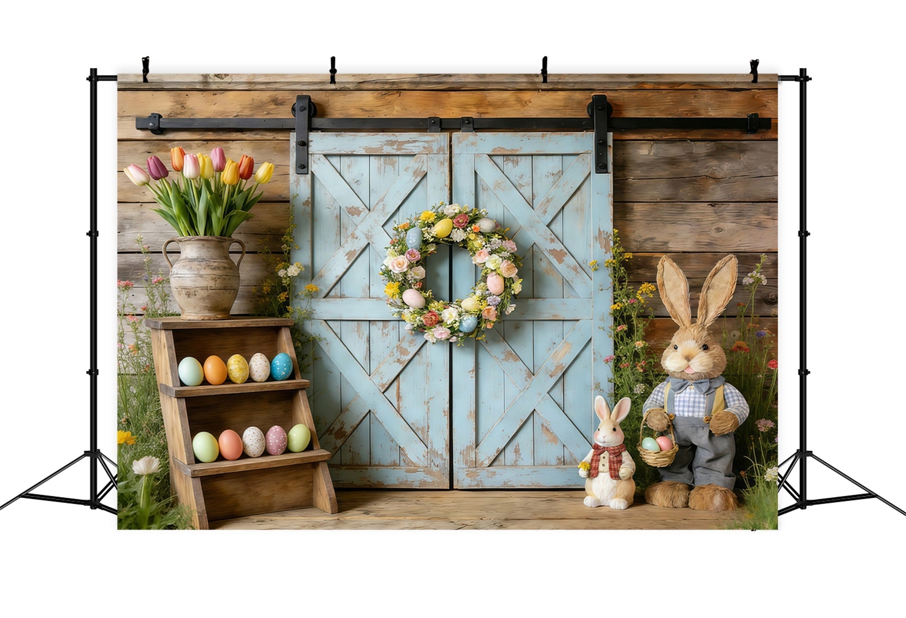 Easter Spring Floral Wreath Backdrop Rustic Blue Barn Door Wreath Easter Picture Backdrop Ideas UK CSH61-61