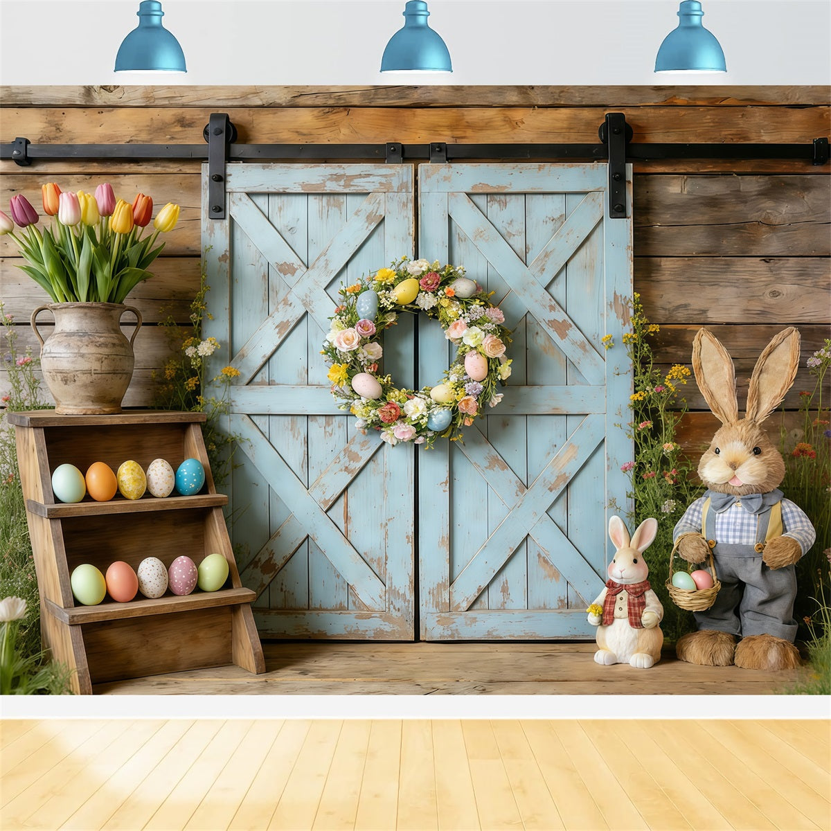 Easter Spring Floral Wreath Backdrop Rustic Blue Barn Door Wreath Easter Picture Backdrop Ideas UK CSH61-61