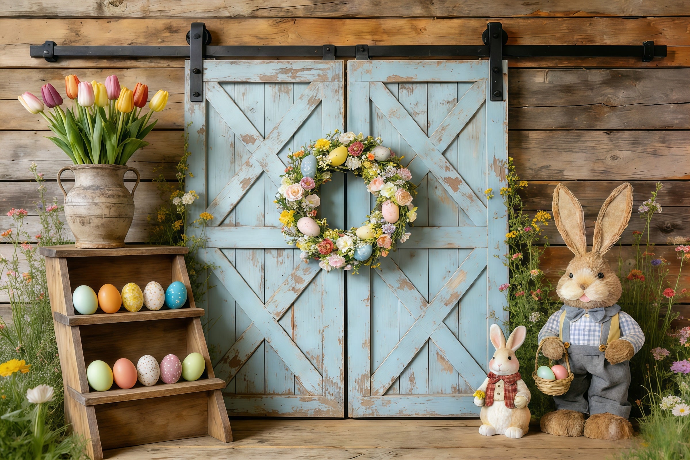 Easter Spring Floral Wreath Backdrop Rustic Blue Barn Door Wreath Easter Picture Backdrop Ideas UK CSH61-61