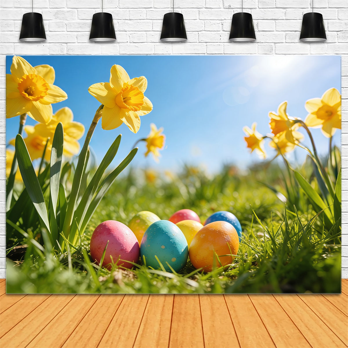 Easter Daffodil Backdrop Sunlight Meadow Painted Eggs Easter Backdrop For Photography UK CSH61-67