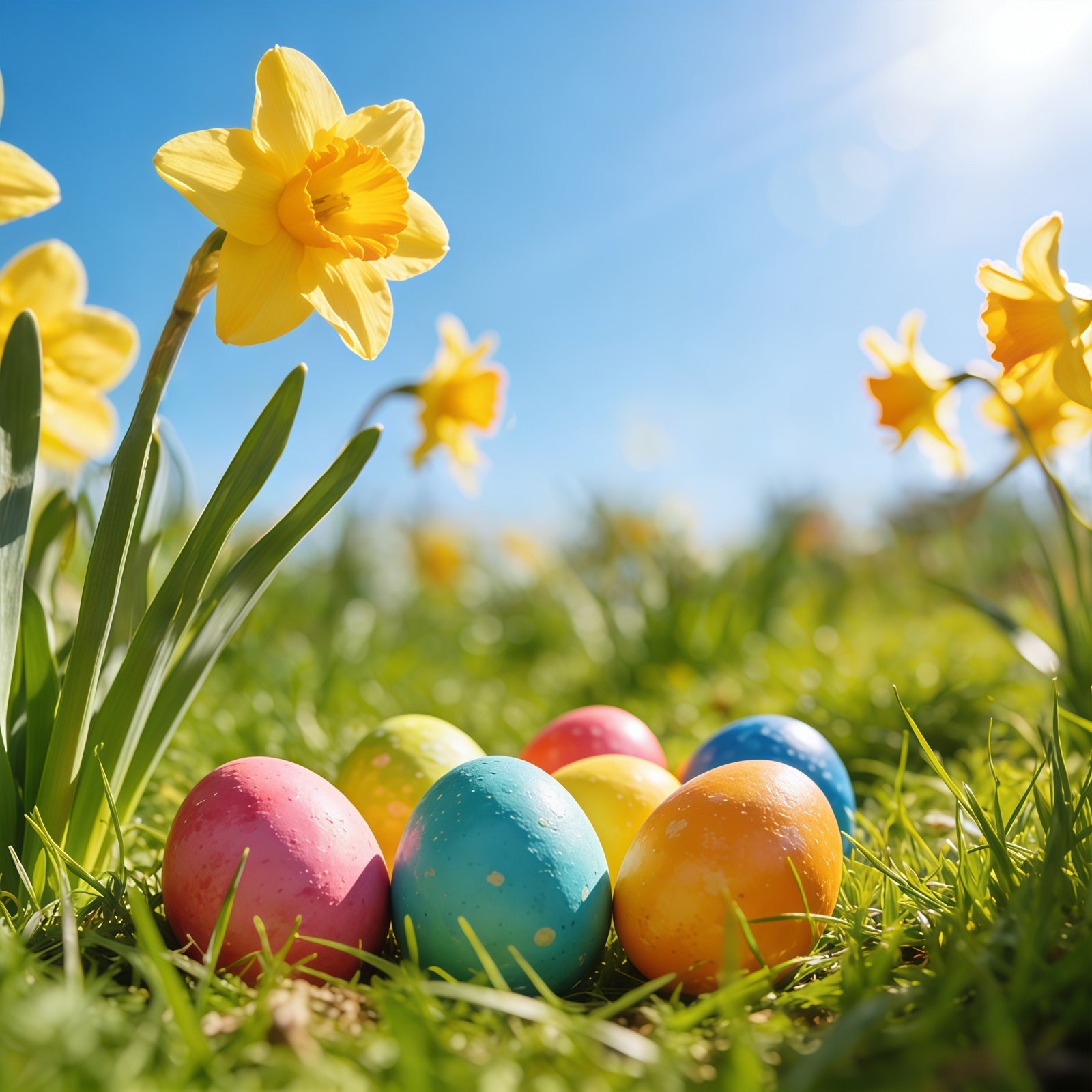 Easter Daffodil Backdrop Sunlight Meadow Painted Eggs Easter Backdrop For Photography UK CSH61-67