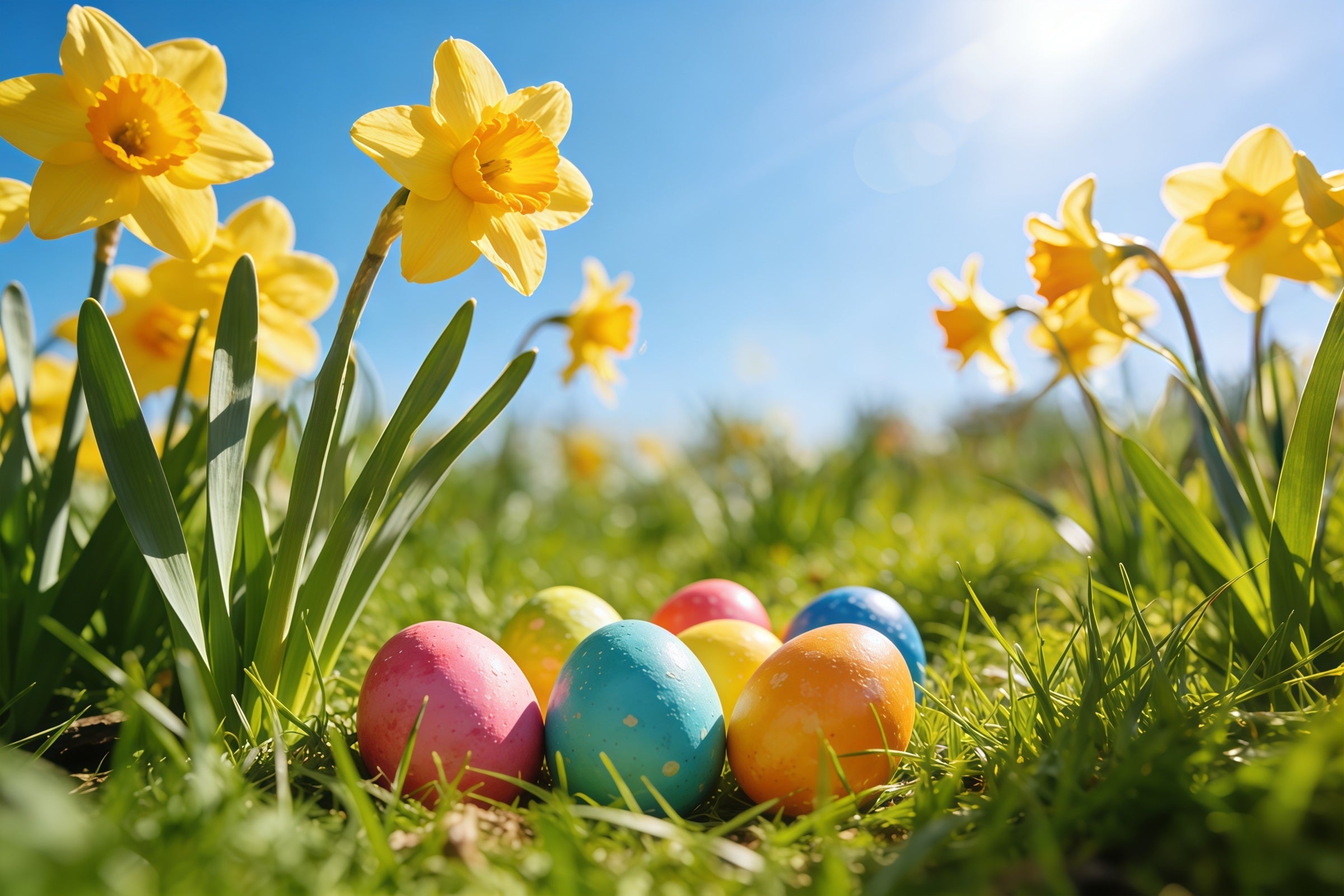 Easter Daffodil Backdrop Sunlight Meadow Painted Eggs Easter Backdrop For Photography UK CSH61-67