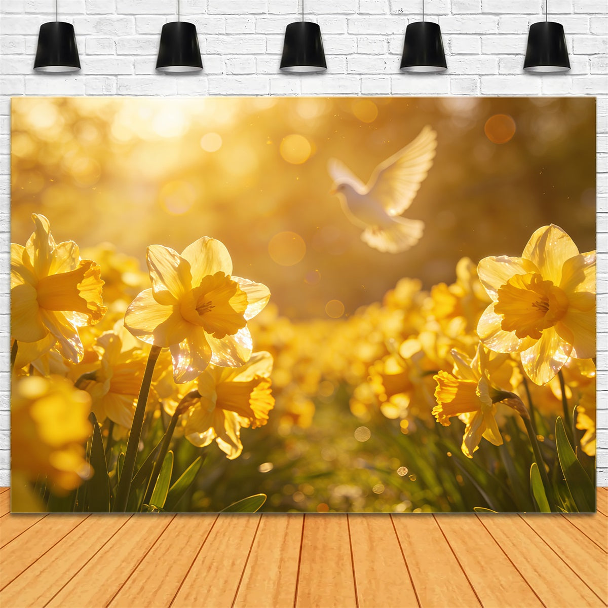 Easter Daffodil Backdrop Golden Spring Field Dove Glow Easter Backdrop For Photography UK CSH61-68