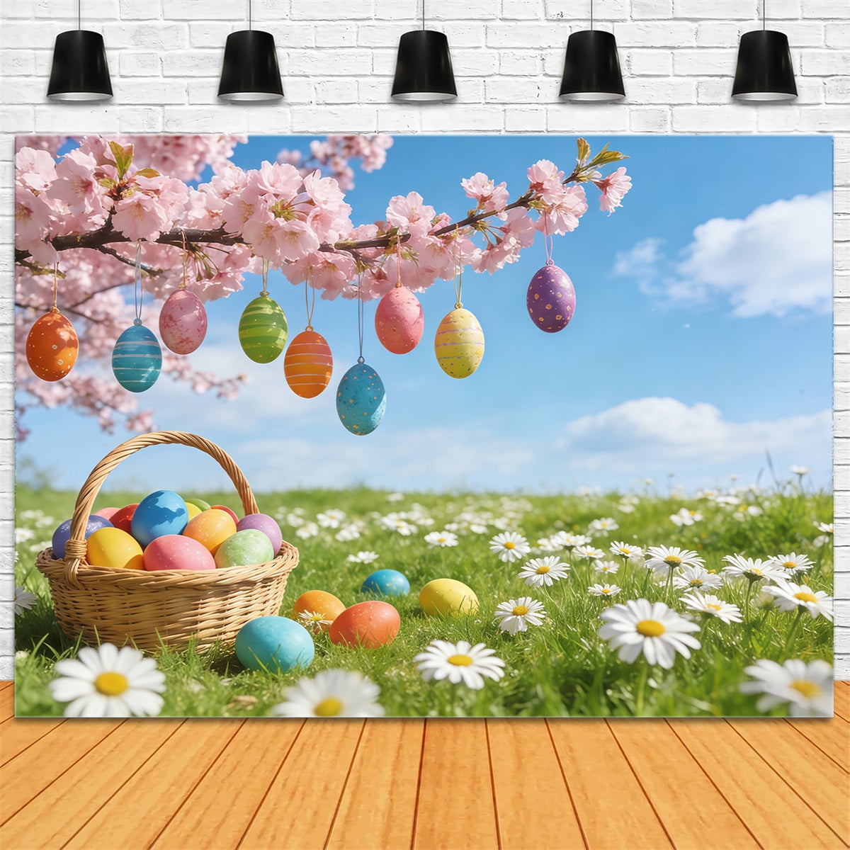 Easter Cherry Blossom Backdrop Hanging Egg Meadow Blossom Backdrops For Easter Pictures UK CSH61-70