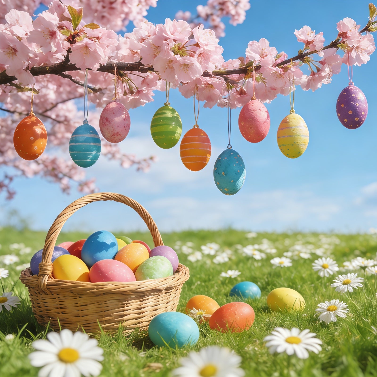 Easter Cherry Blossom Backdrop Hanging Egg Meadow Blossom Backdrops For Easter Pictures UK CSH61-70