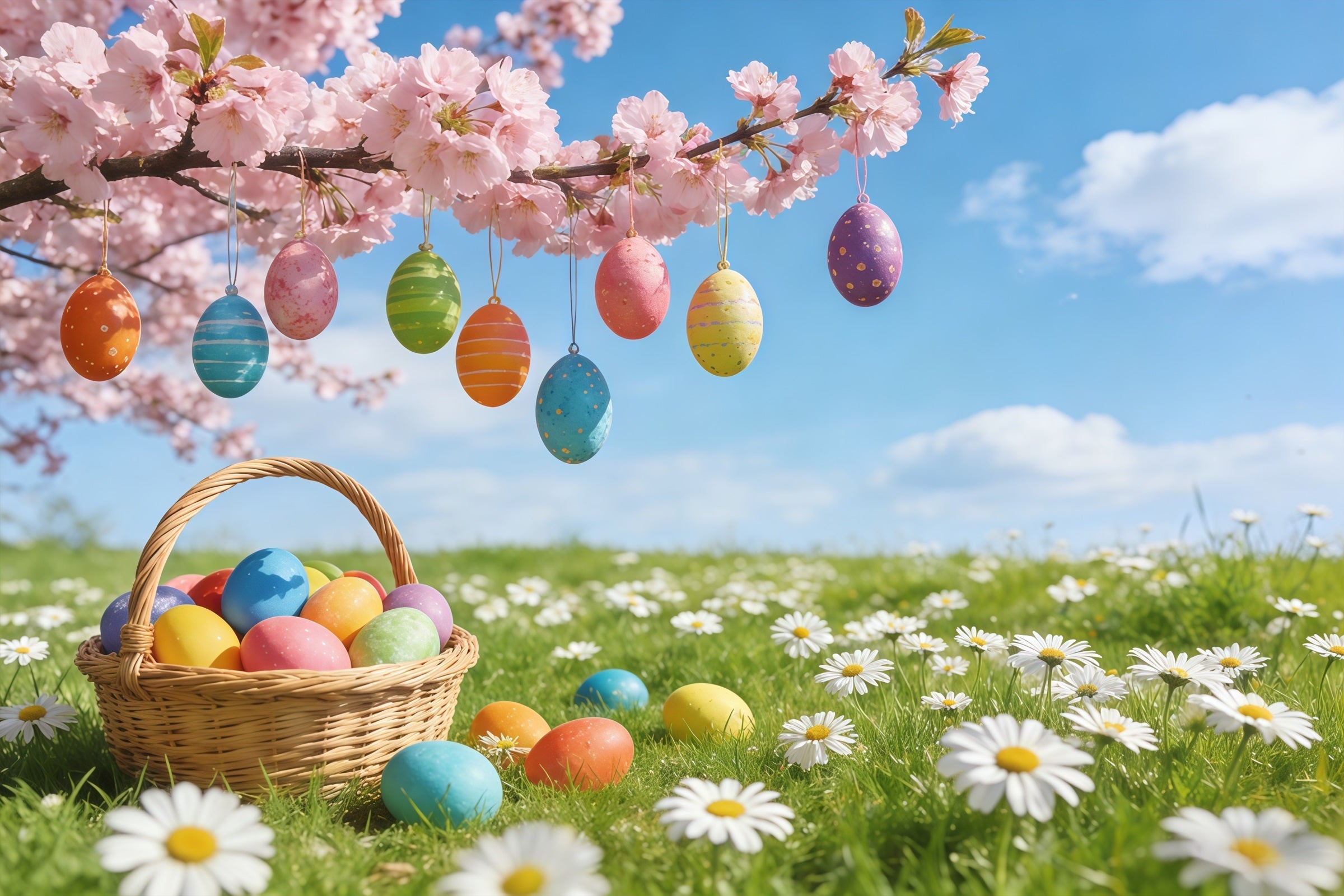 Easter Cherry Blossom Backdrop Hanging Egg Meadow Blossom Backdrops For Easter Pictures UK CSH61-70