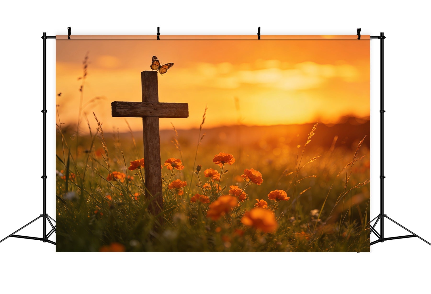 Easter Butterfly Backdrop Sunset Cross Wildflower Field Backdrop For Easter Pictures UK CSH61-71