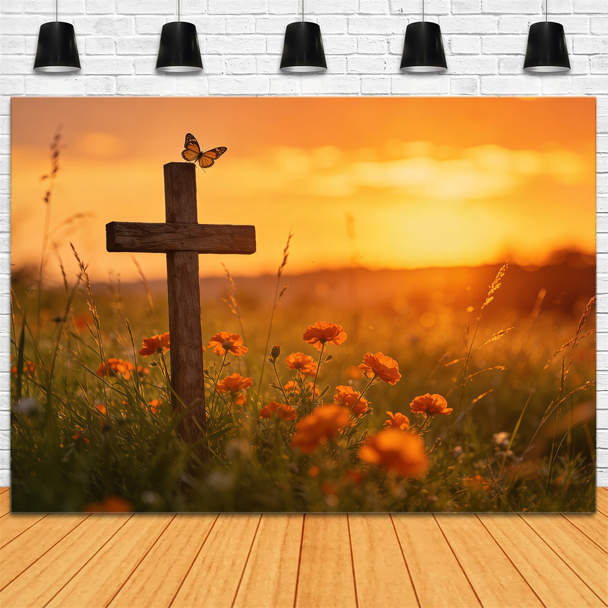 Easter Butterfly Backdrop Sunset Cross Wildflower Field Backdrop For Easter Pictures UK CSH61-71