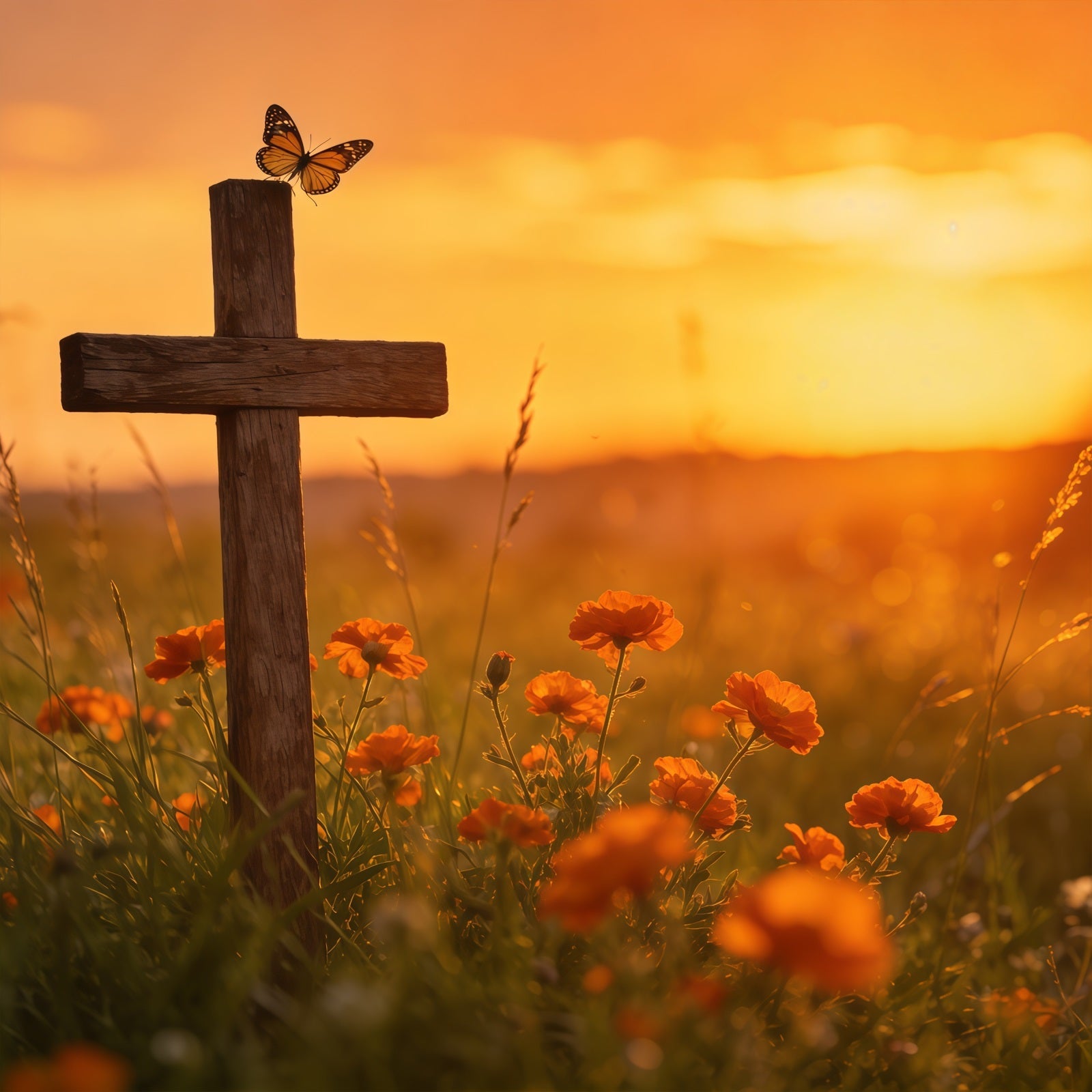 Easter Butterfly Backdrop Sunset Cross Wildflower Field Backdrop For Easter Pictures UK CSH61-71