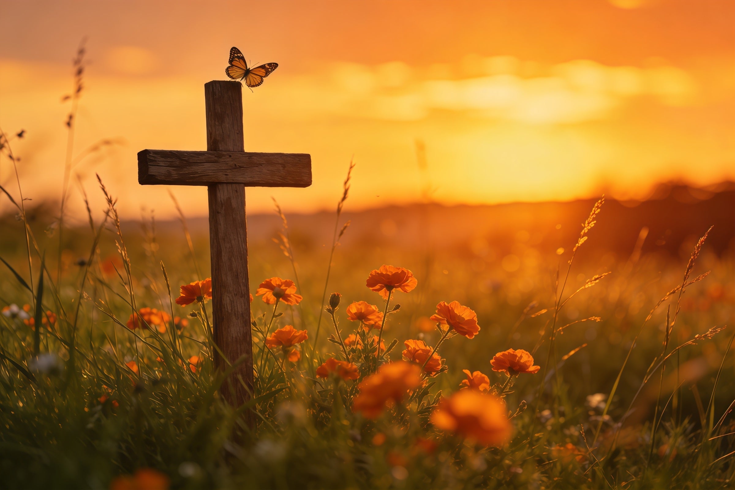 Easter Butterfly Backdrop Sunset Cross Wildflower Field Backdrop For Easter Pictures UK CSH61-71