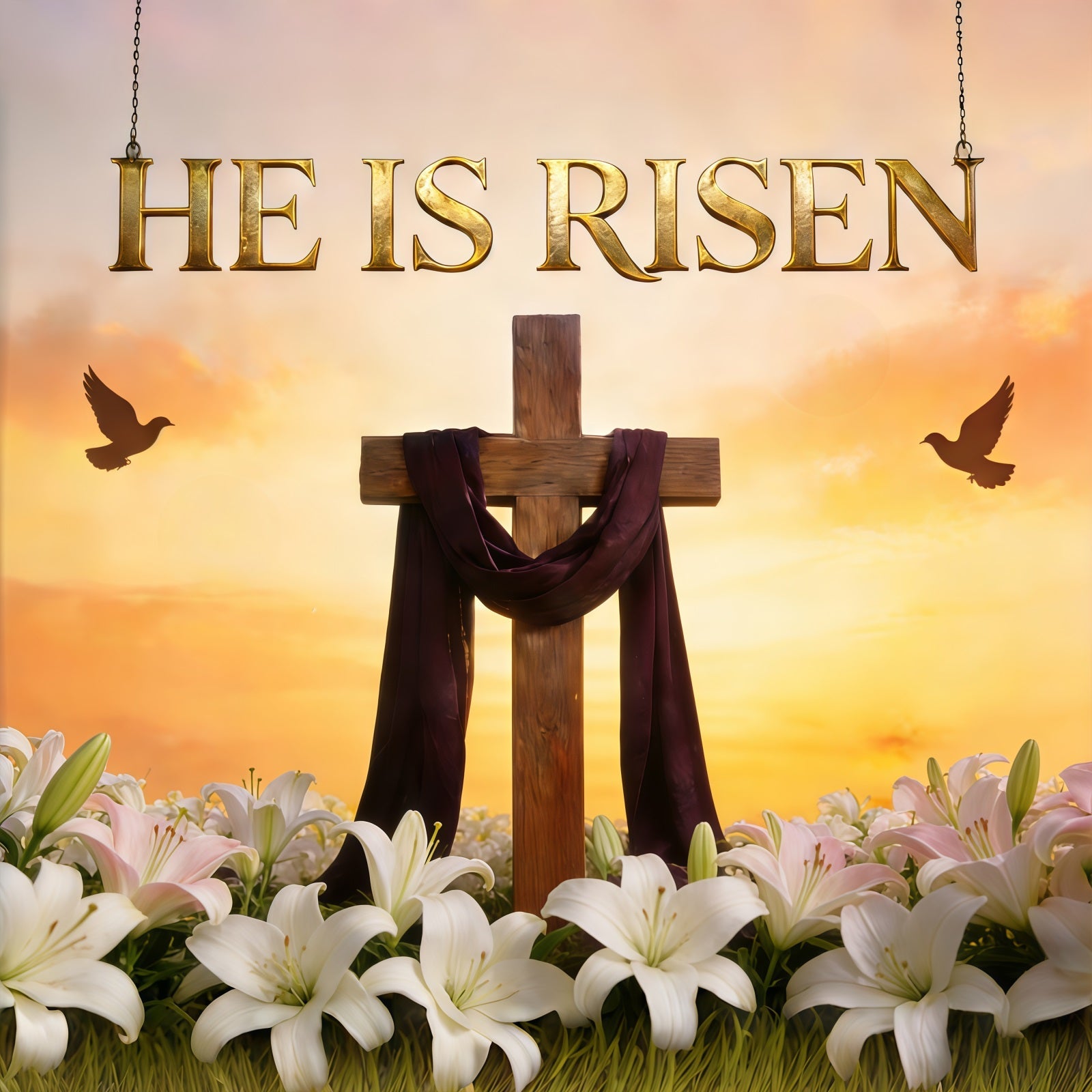 Easter Lily Backdrop Risen Cross Sunrise Sky Outdoor Easter Backdrop UK CSH61-74