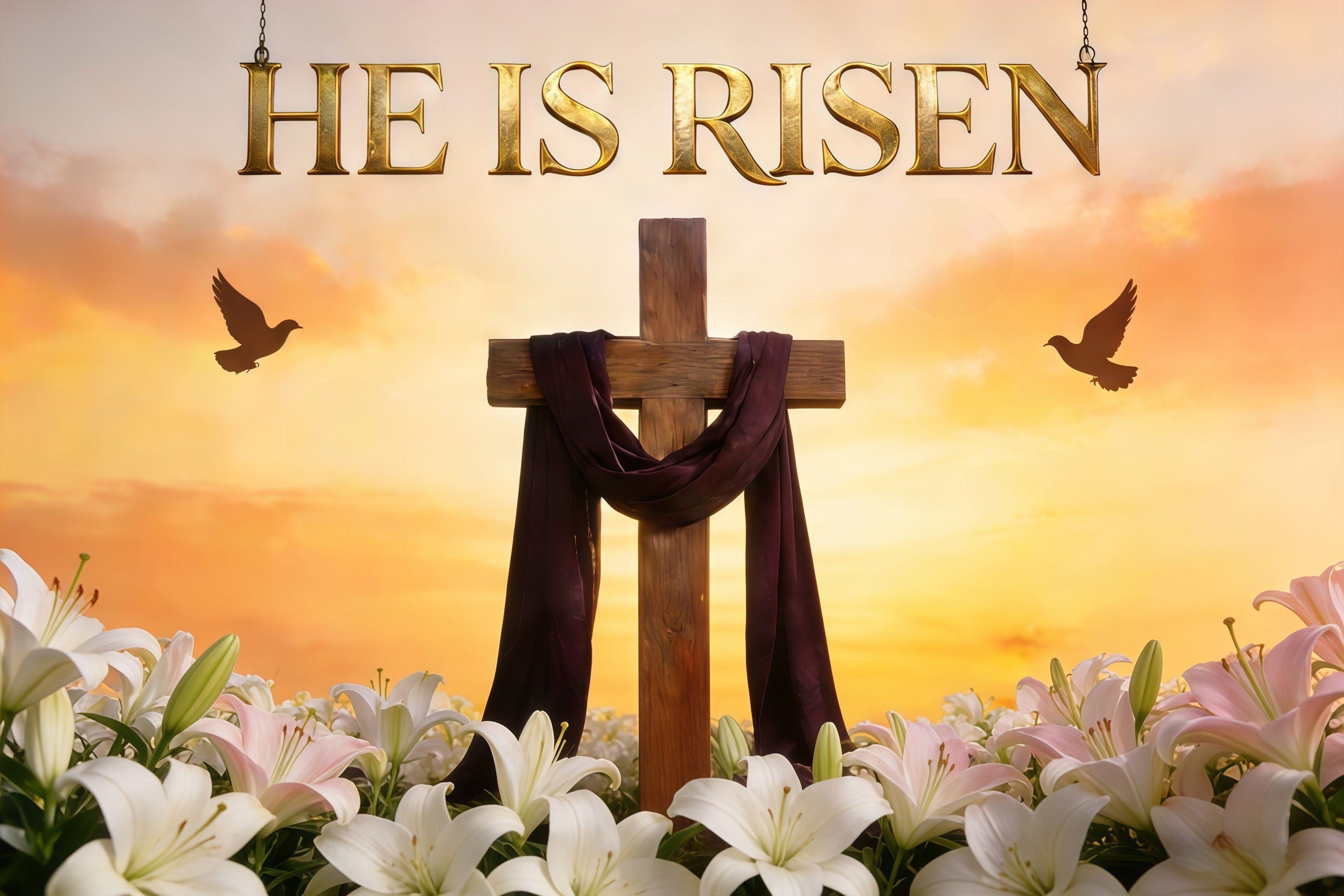 Easter Lily Backdrop Risen Cross Sunrise Sky Outdoor Easter Backdrop UK CSH61-74