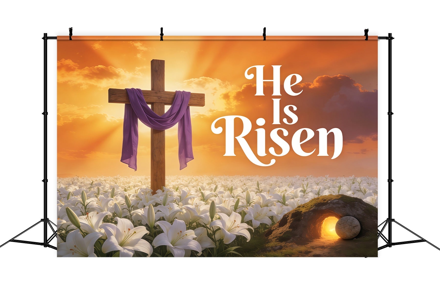 Easter He Is Risen Backdrop Cross Lilies Sunrise Photography Easter Backdrop UK CSH61-79